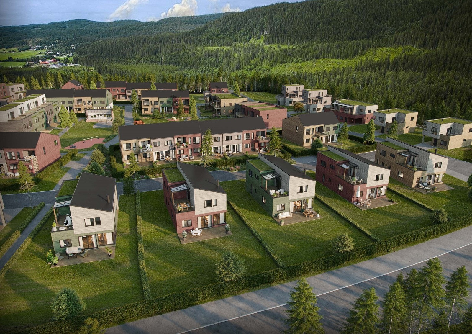 Variert bebyggelse bestående av eneboliger, rekkehus og leiligheter. Parkering og sportsbod i parkeringskjeller. Galleribilde