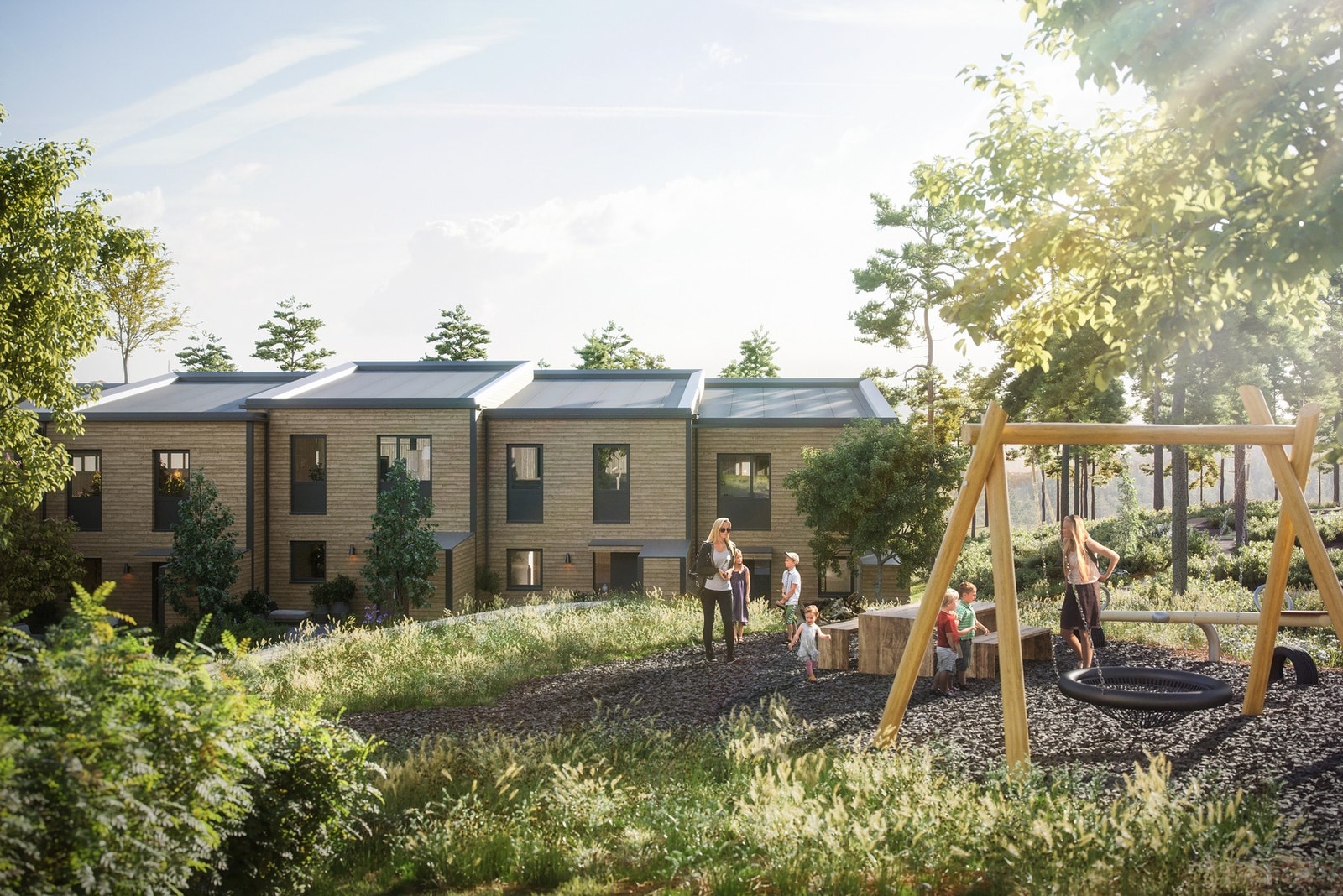 Husene får skogen som nærmeste nabo, fantastiske solforhold og utsikt mot sydvest. Galleribilde