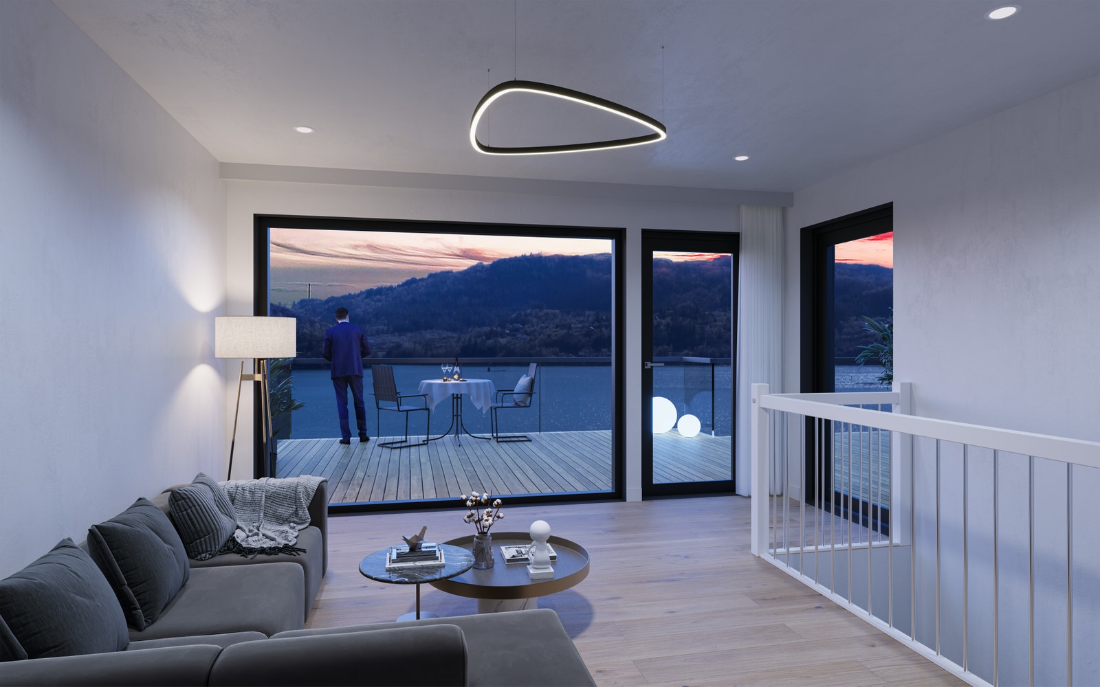 Illustrasjon fra loftstuen i leil 2. En ekstra stue kommer godt med. Her er det store vinduer og utgang til takterrasse Galleribilde