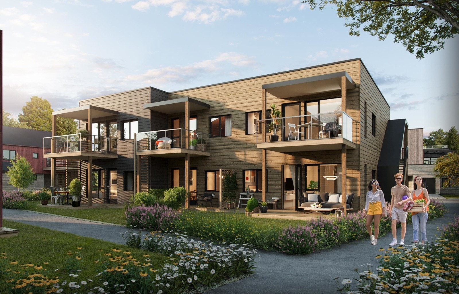 Leilighetene får egen parkeringsplass i felles p-kjeller. Solrike uteplasser. Boligene leveres med blant annet 1 stavs parkett og gips med listefrie overganger. Galleribilde