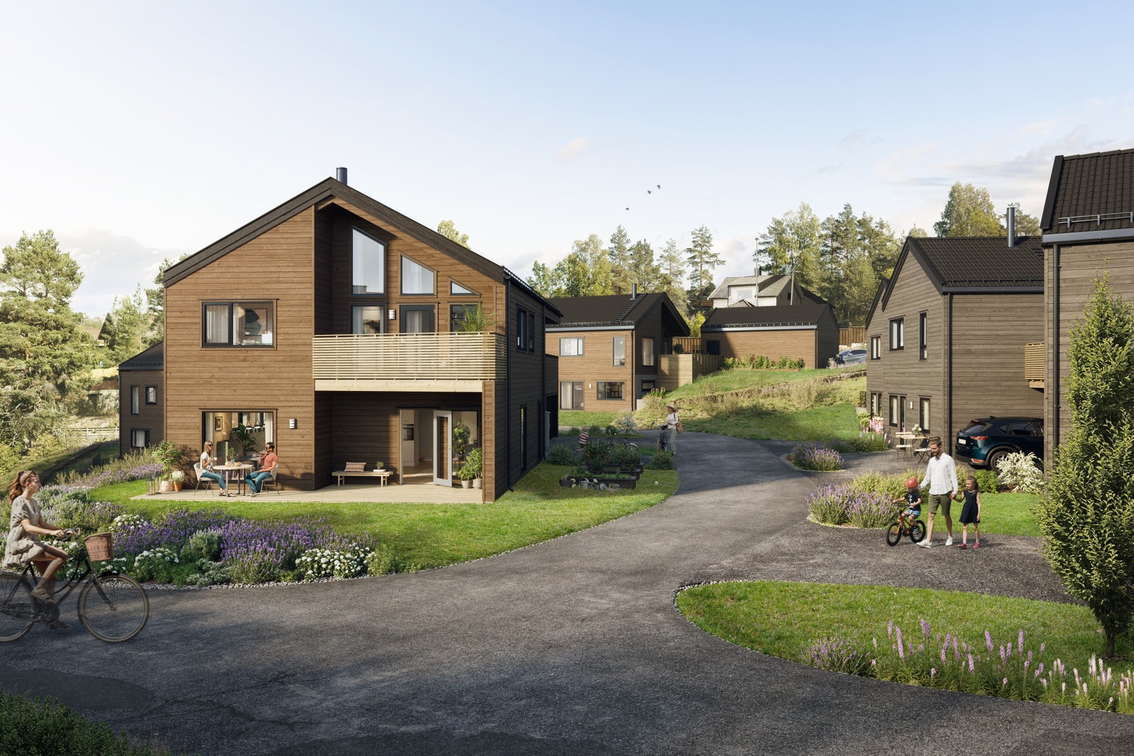 Gate opp til hus 5 og 6 samt allerede solgte hus. (tomtene leveres tilsådd, men uten beplantning) Galleribilde