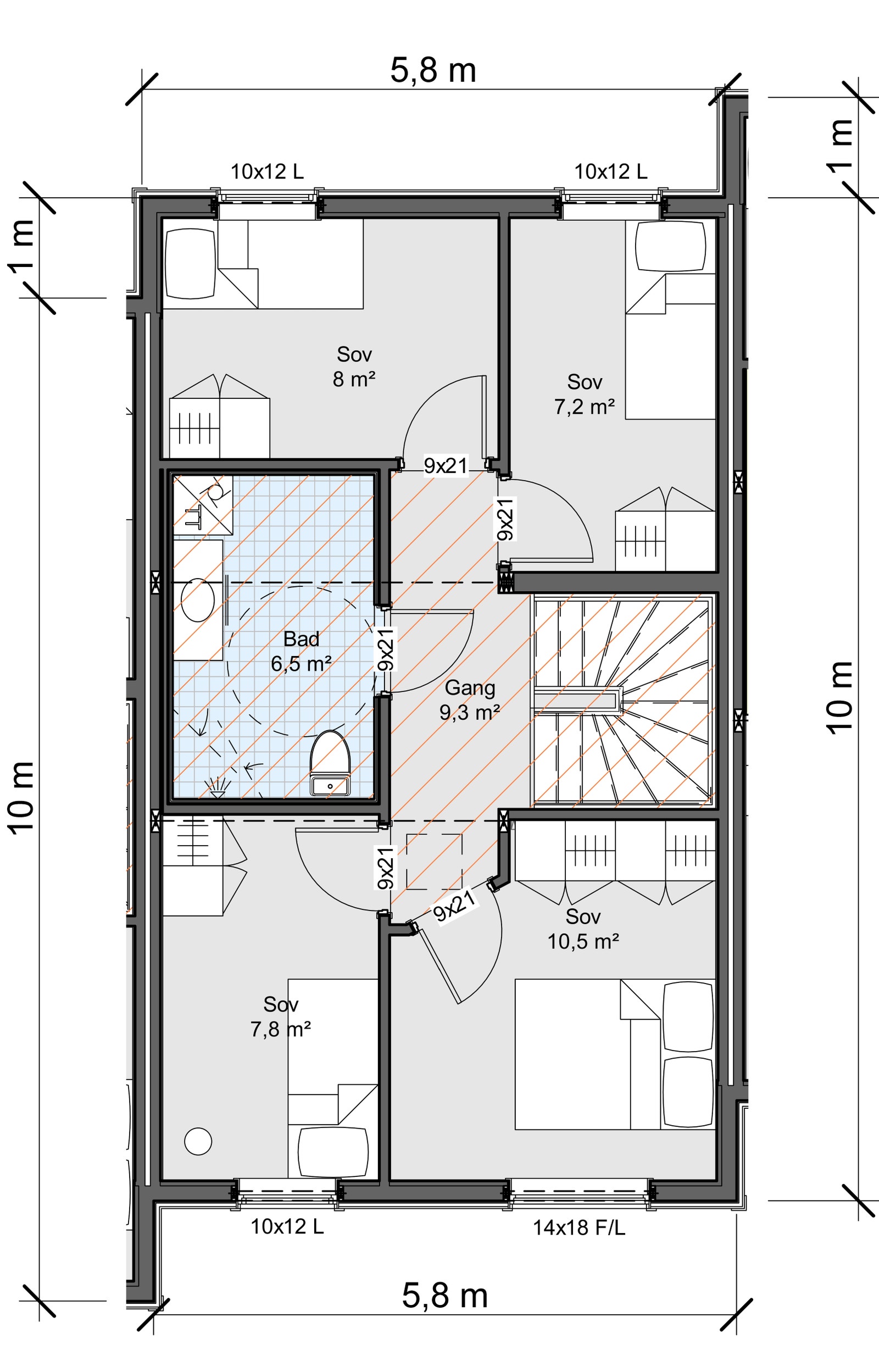 Her er planteikning av andre etasje. Denne er lik for seksjonane 1, 2 og 4. Desse er bustadane er på 111 m² BRA med fire soverom, bad og gang oppe. Galleribilde