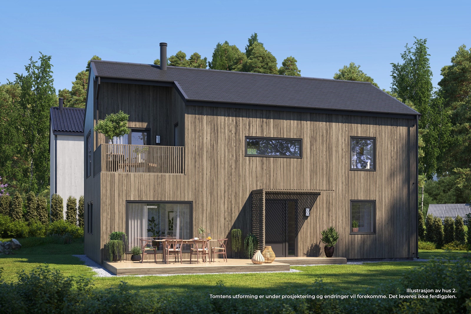 Illustrasjon av Hus 2 som får balkong og terrasse mot sør. Mulig med tilpasning av terrasser Galleribilde