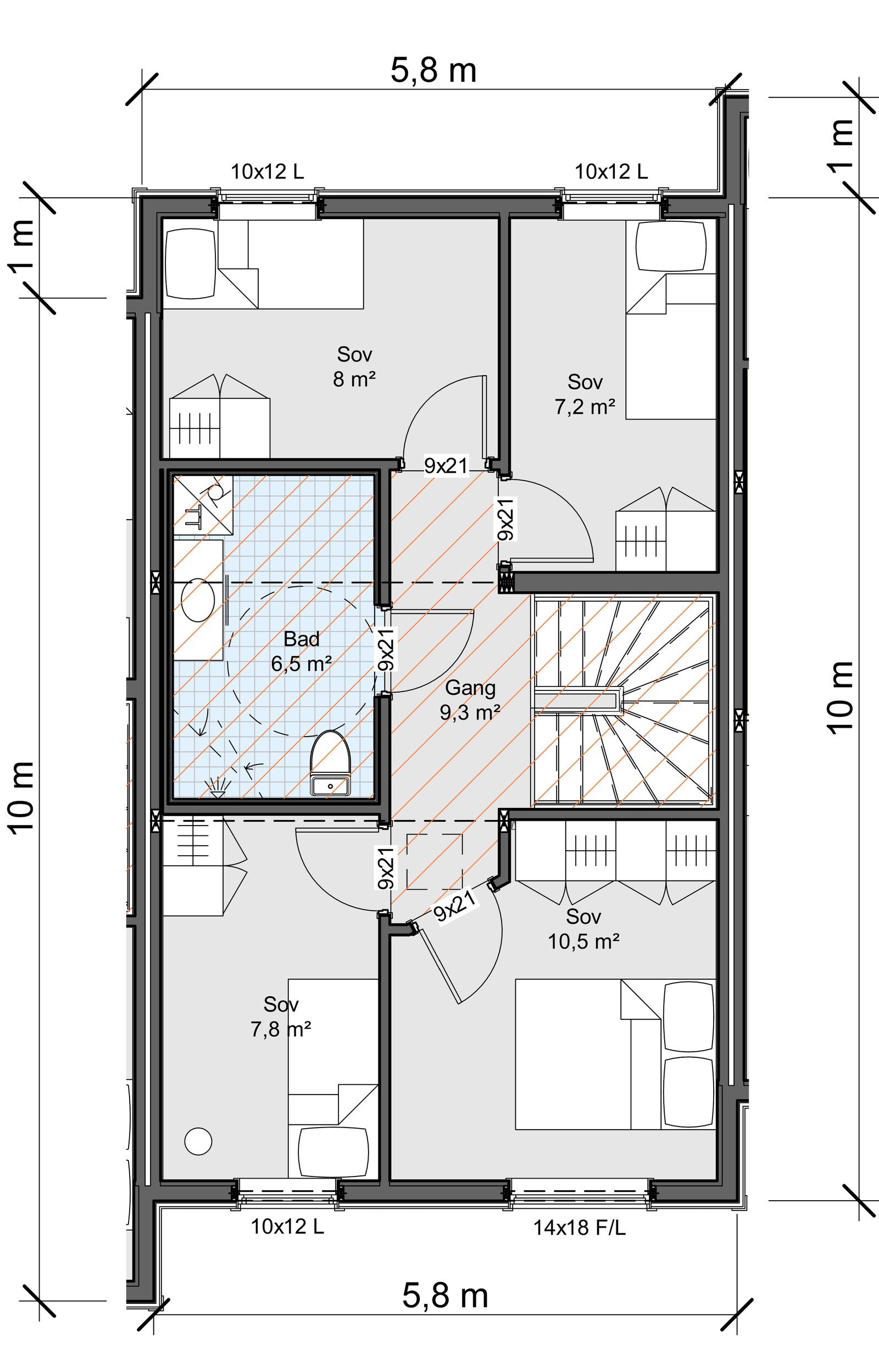 Her er planteikning av andre etasje. Denne er lik for seksjonane 1, 2 og 4. Desse er bustadane er på 111 m² BRA med fire soverom, bad og gang oppe. Galleribilde