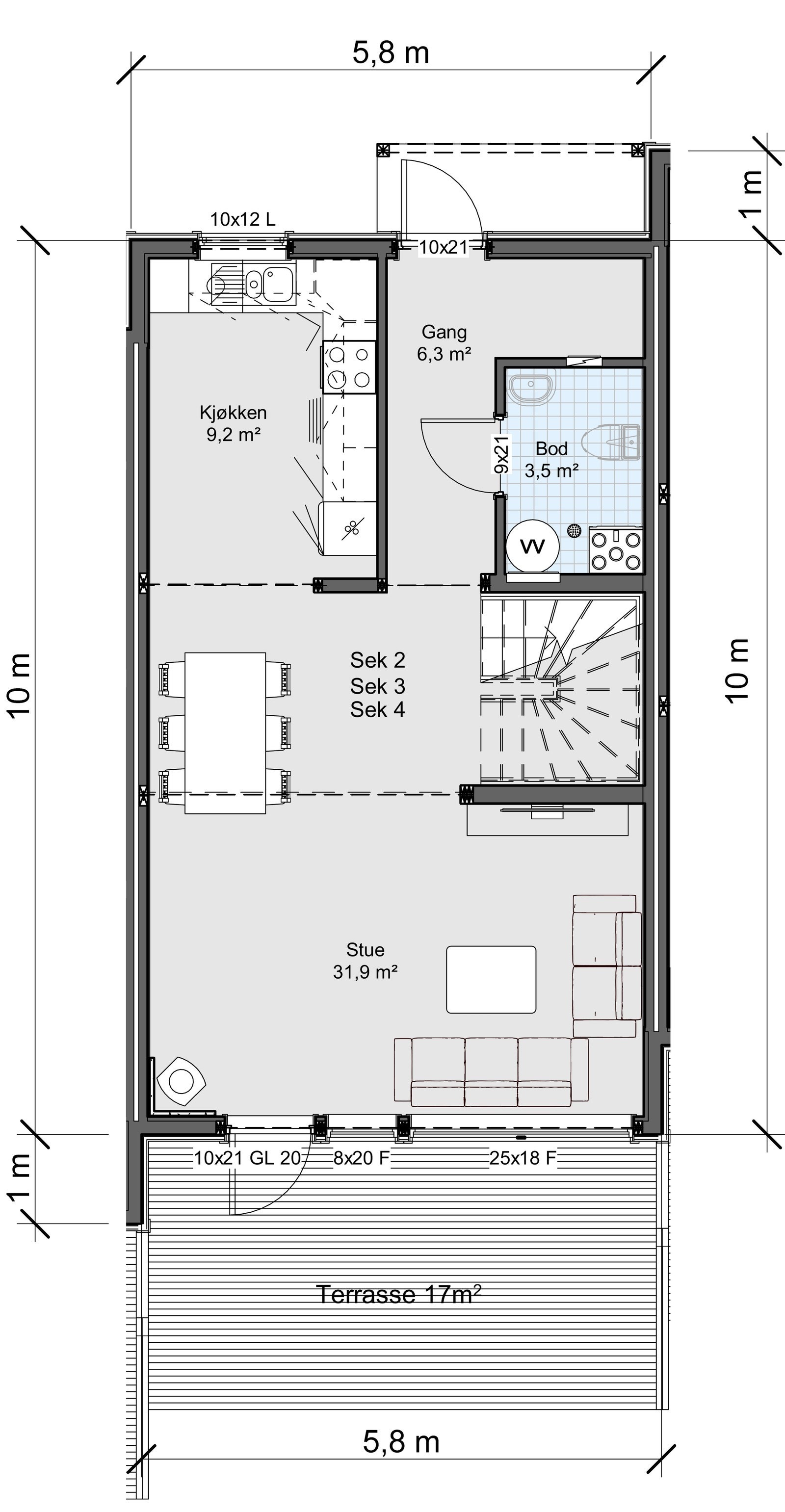 Her er planteikning av første etasje. Denne er lik for seksjonane 1, 2 og 4. Desse er bustadane er på 111 m² BRA med kjøken, stove bod og gang nede. Galleribilde