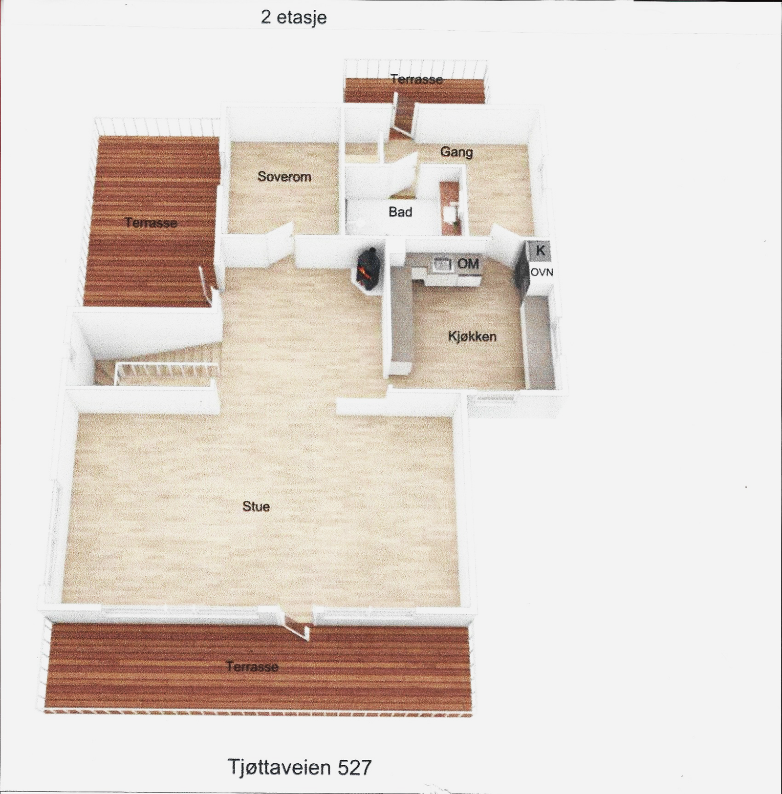 Første etasje , stue, spisestue, kjøkken , bad og ett soverom. Galleribilde