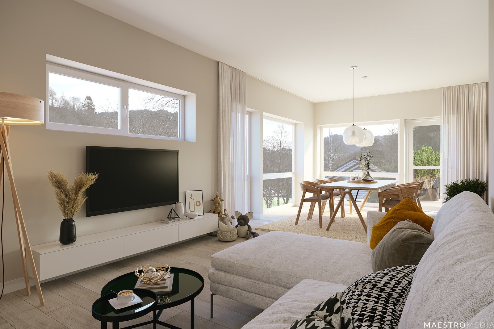 3D illustrasjon stue og spiseplass Galleribilde