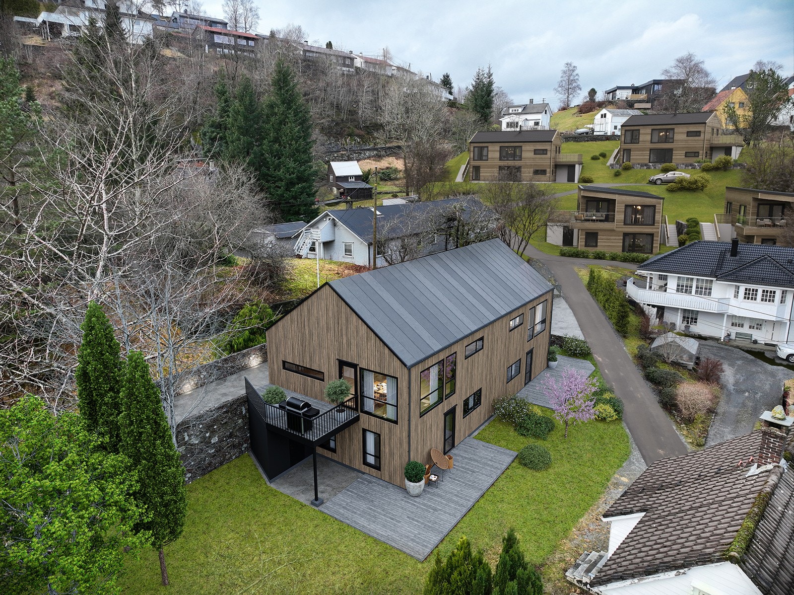 Foreløpig 3D illustrasjon viser også 4 eneboliger som skal lanseres på sikt fra samme utbygger. Tomannsboligen sammen med eneboligene vil bli nye, moderne og lekre boliger i dette området. Galleribilde