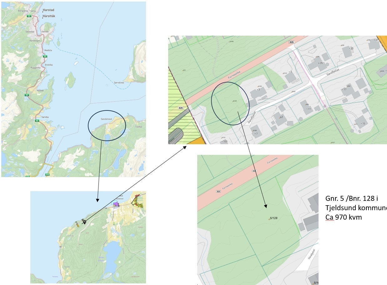 Tomten anmerket i hyttefeltet og hyttefeltets lokalisering i forhold til Harstad Galleribilde