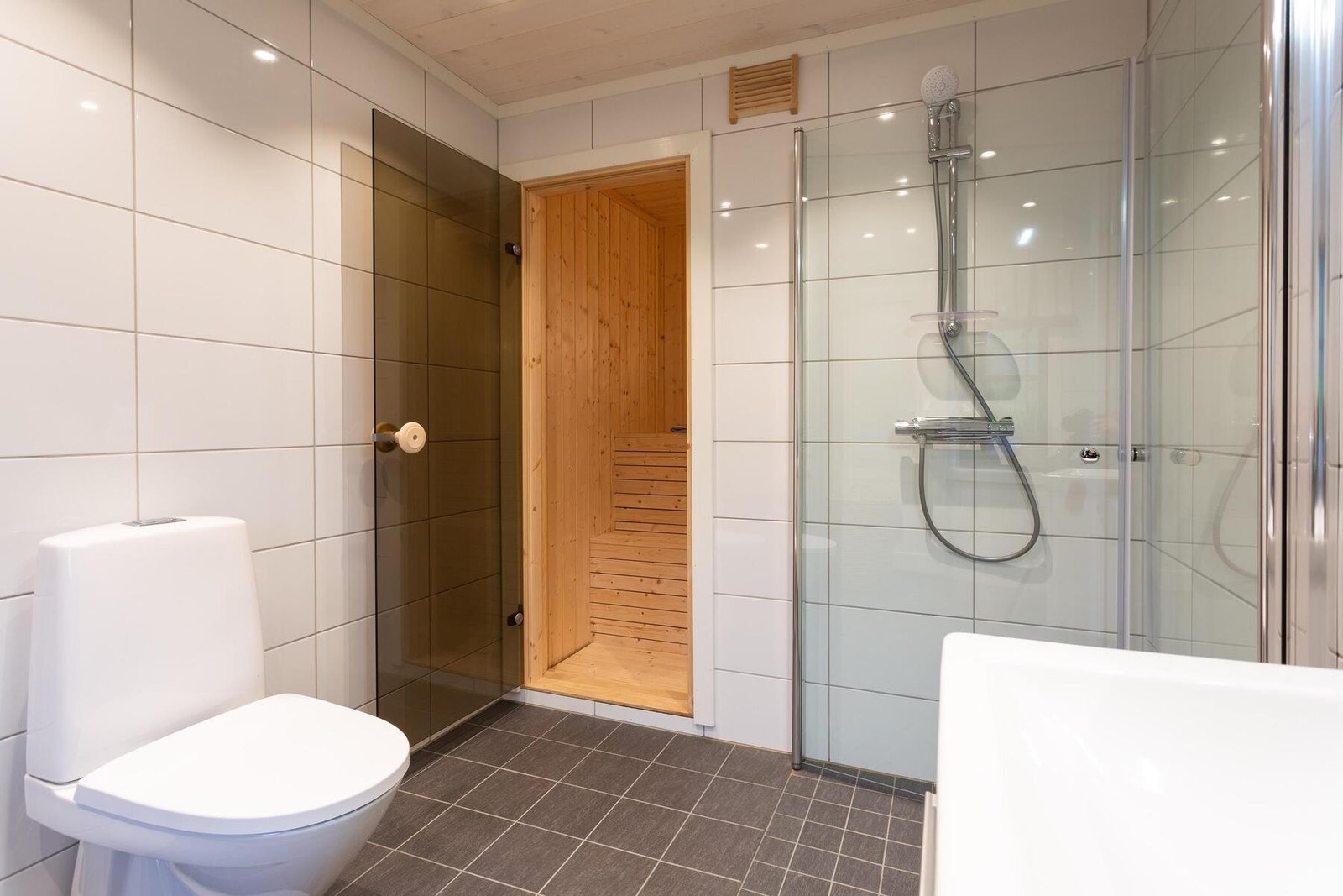 Badstue i tilknytning til bad. Foto fra Polar 110 visningshytte på Hellerudsletta Galleribilde