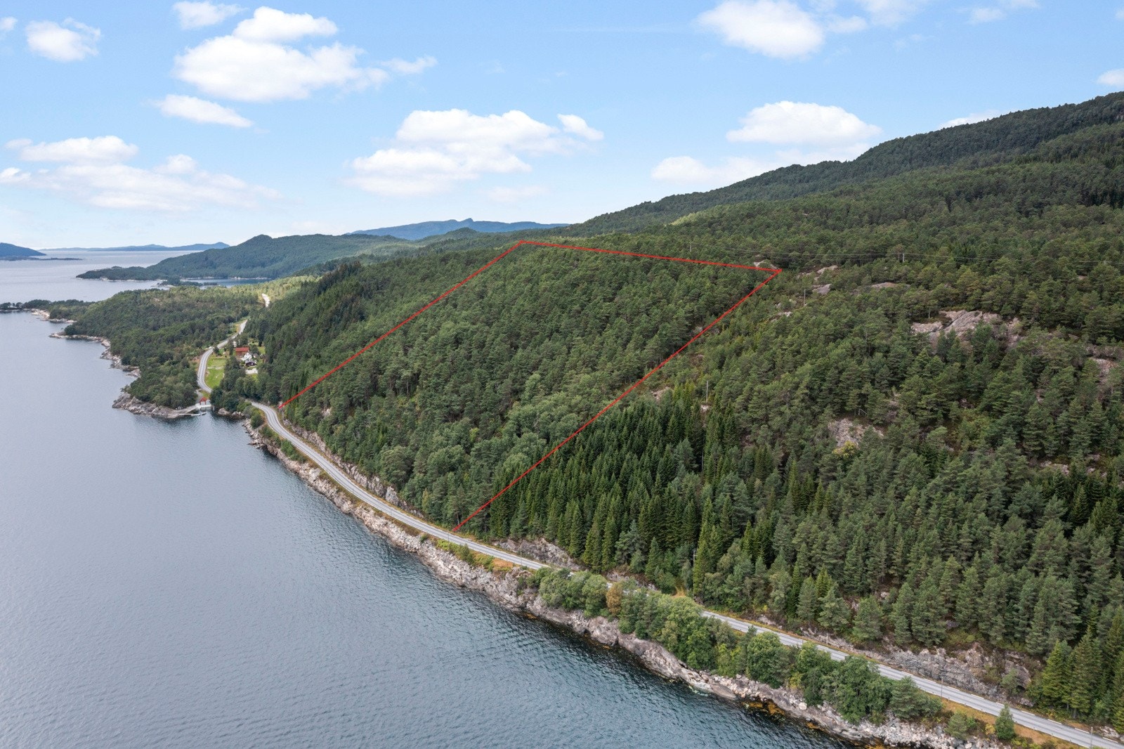 Ca. 600meter fra tunet mot vest har eiendommen en skogsteig (ca. grenser markert i rødt) Galleribilde