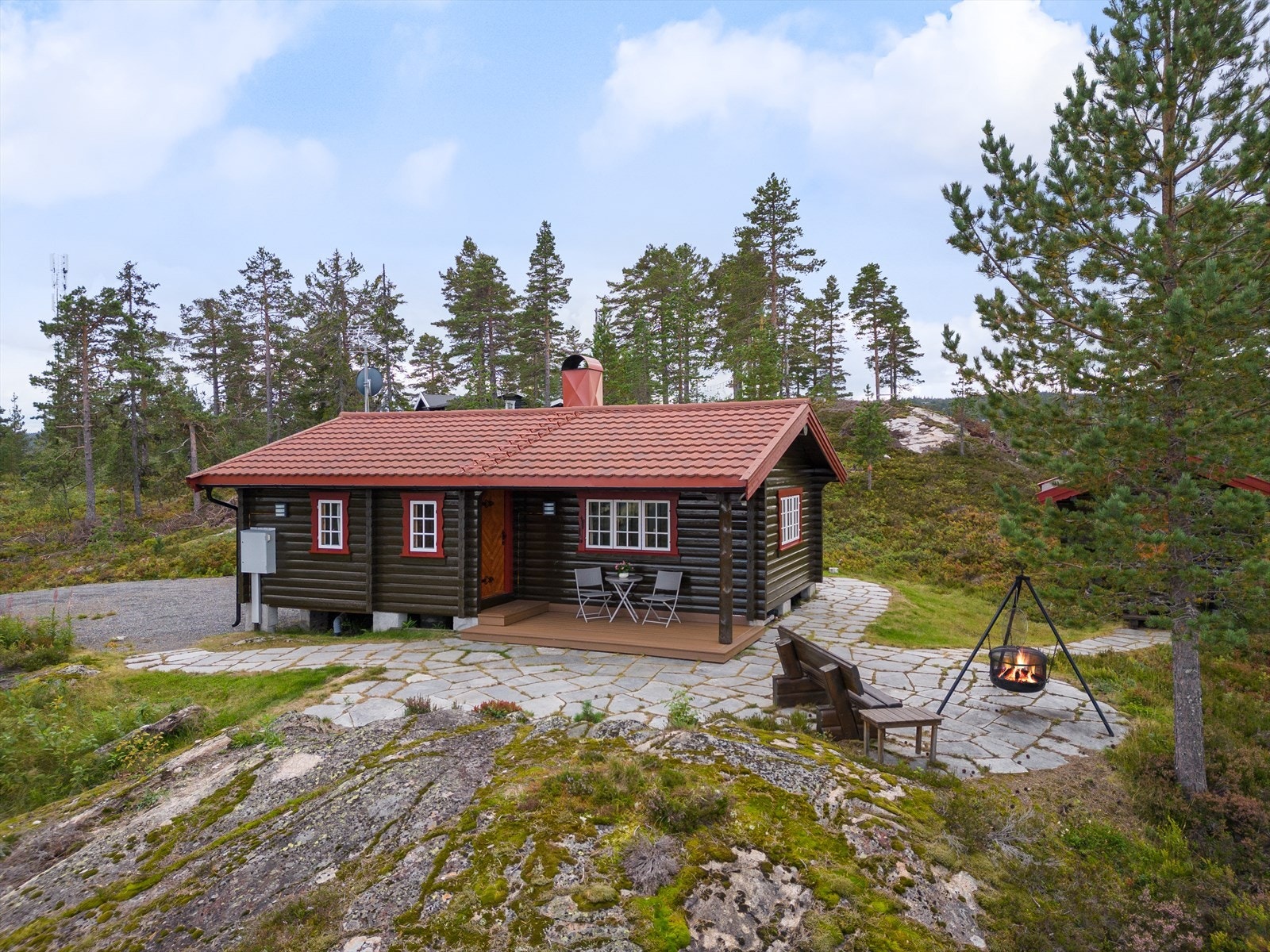 Hytta er en laftet hytte fra Norske Fjellhus, med et flott opparbeidet tunområde utenfor. Galleribilde