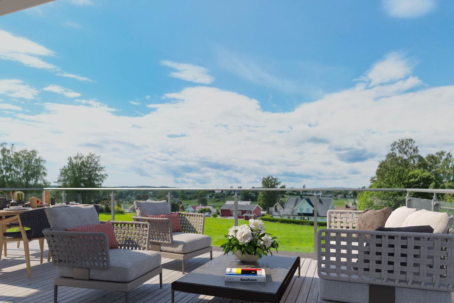 Utsikt fra terrassen over garasjen (illustrasjon). Galleribilde