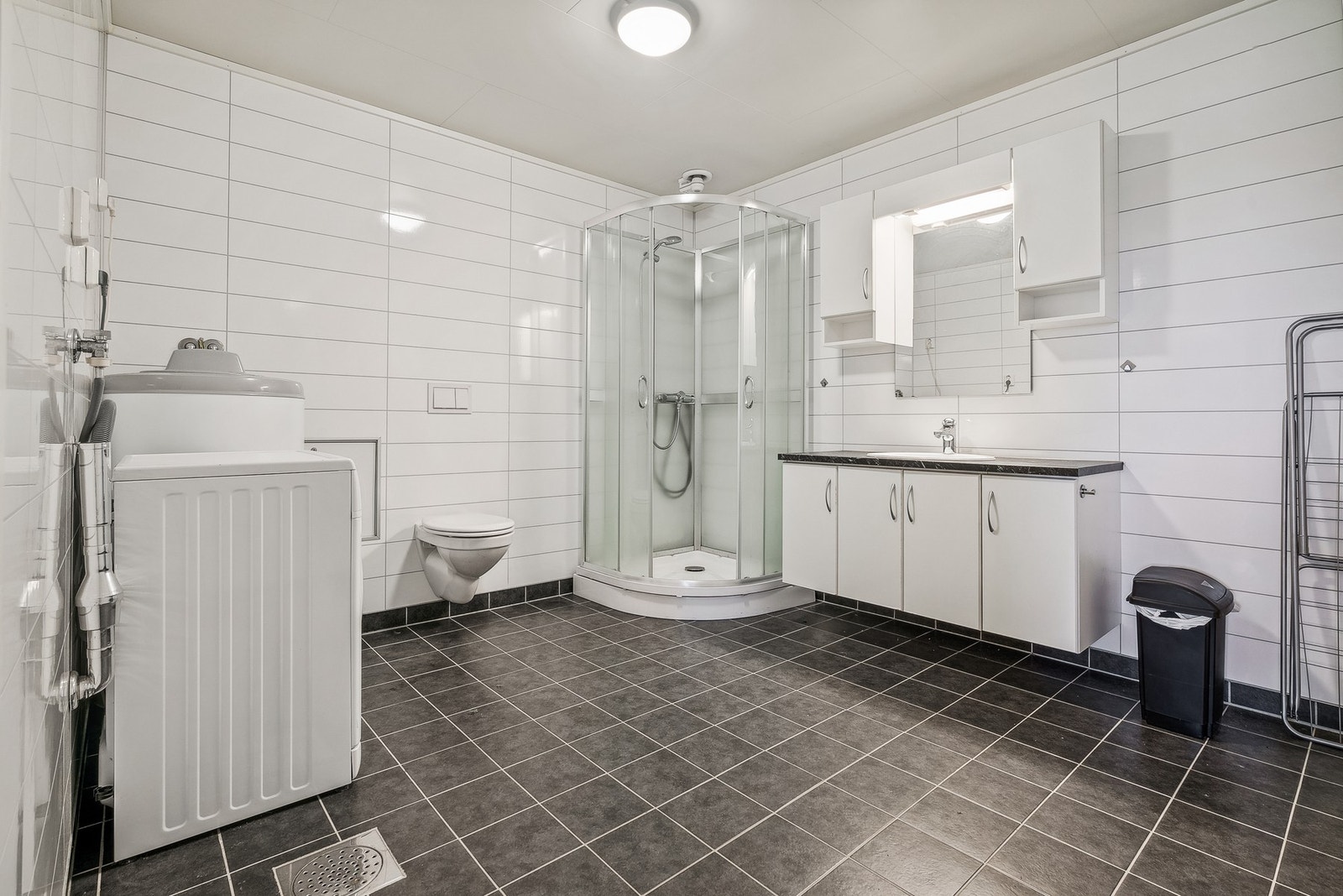 Baderommene er utstyrt med dusjkabinett, innredning og opplegg for vaskemaskin Galleribilde