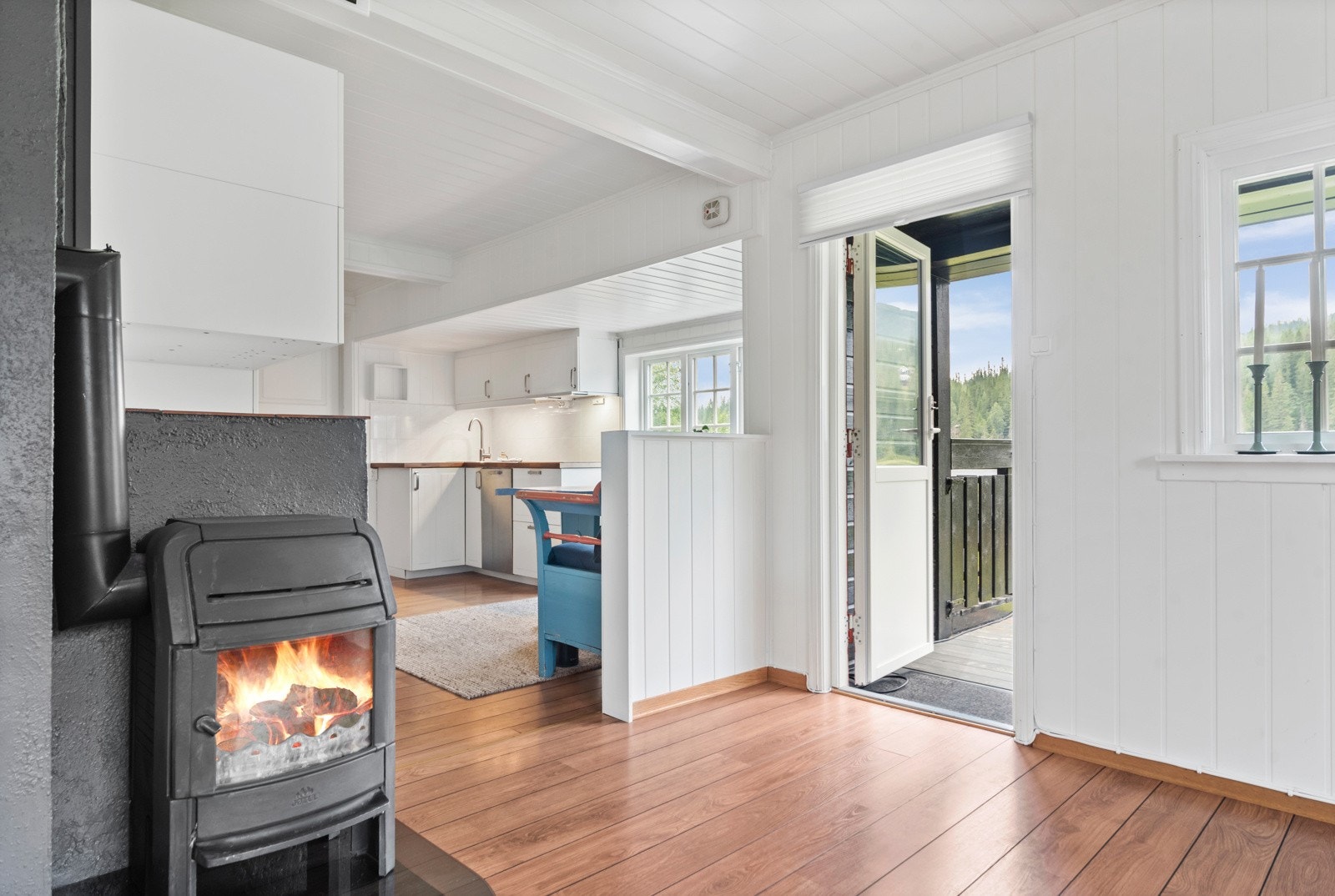 Stue med peisovn og utgang til solrik veranda. Galleribilde