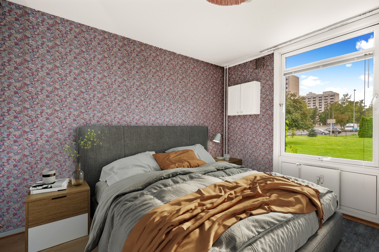 Digitalt stylet bilde på soverom. Galleribilde