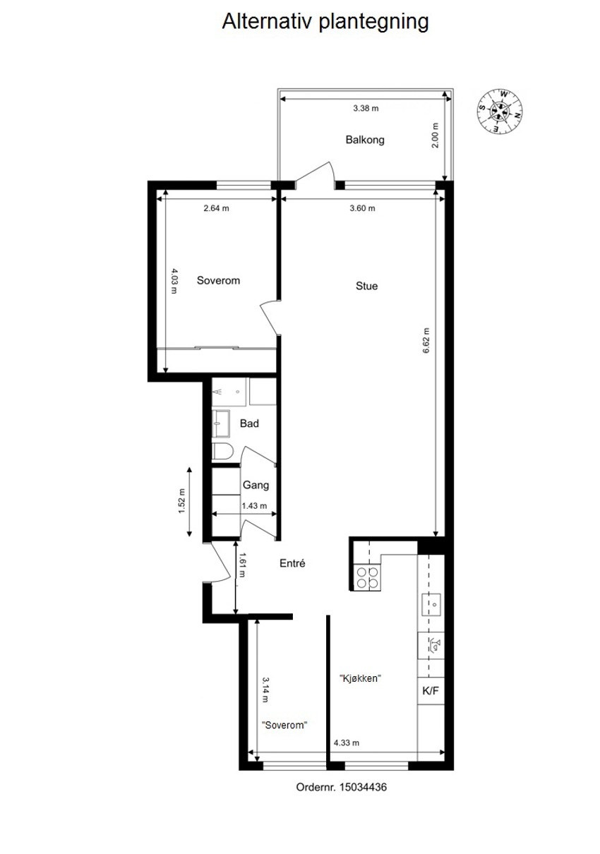 Alternativ plantegning med 2 soverom. Kun ment som illustrasjon. Megler har ikke sjekket hvorvidt denne løsningen kan gjennomføres, da dette er opp til den enkelte kjøper. Galleribilde