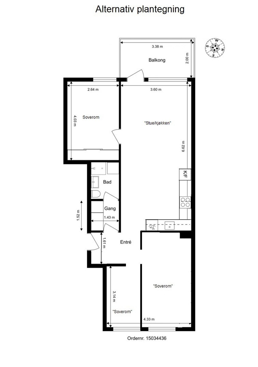 Alternativ plantegning med 3 soverom. Kun ment som illustrasjon. Megler har ikke sjekket hvorvidt denne løsningen kan gjennomføres, da dette er opp til den enkelte kjøper. Galleribilde