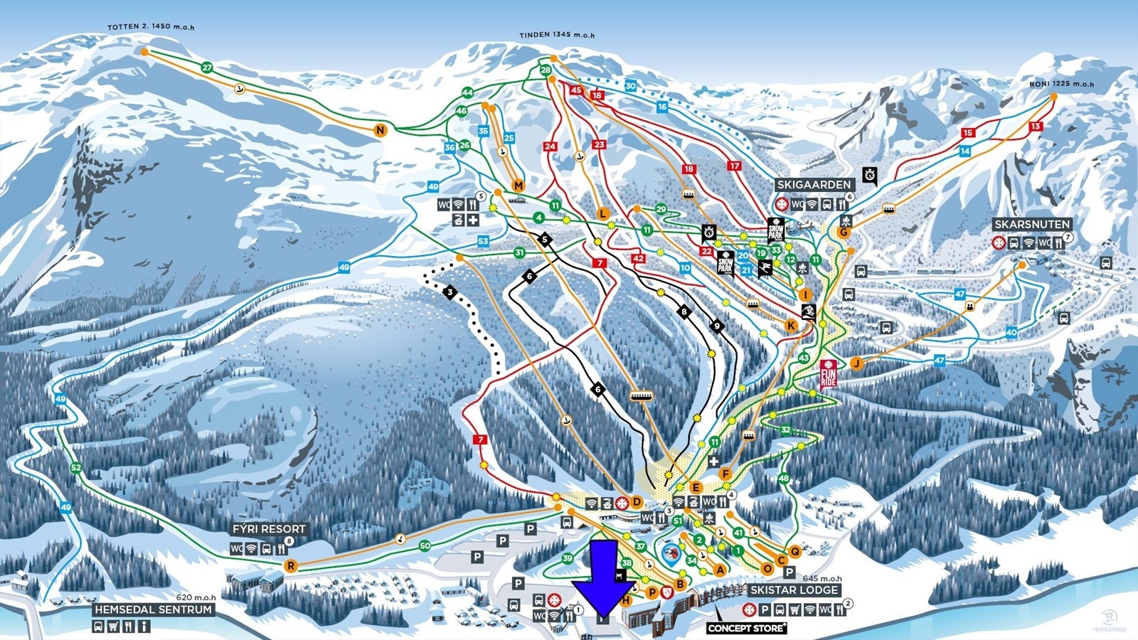 Fjellandsbyen ligger ski inn/ski ut til Hemsedal Skisenter med 53 bakker og 21 heiser. Galleribilde