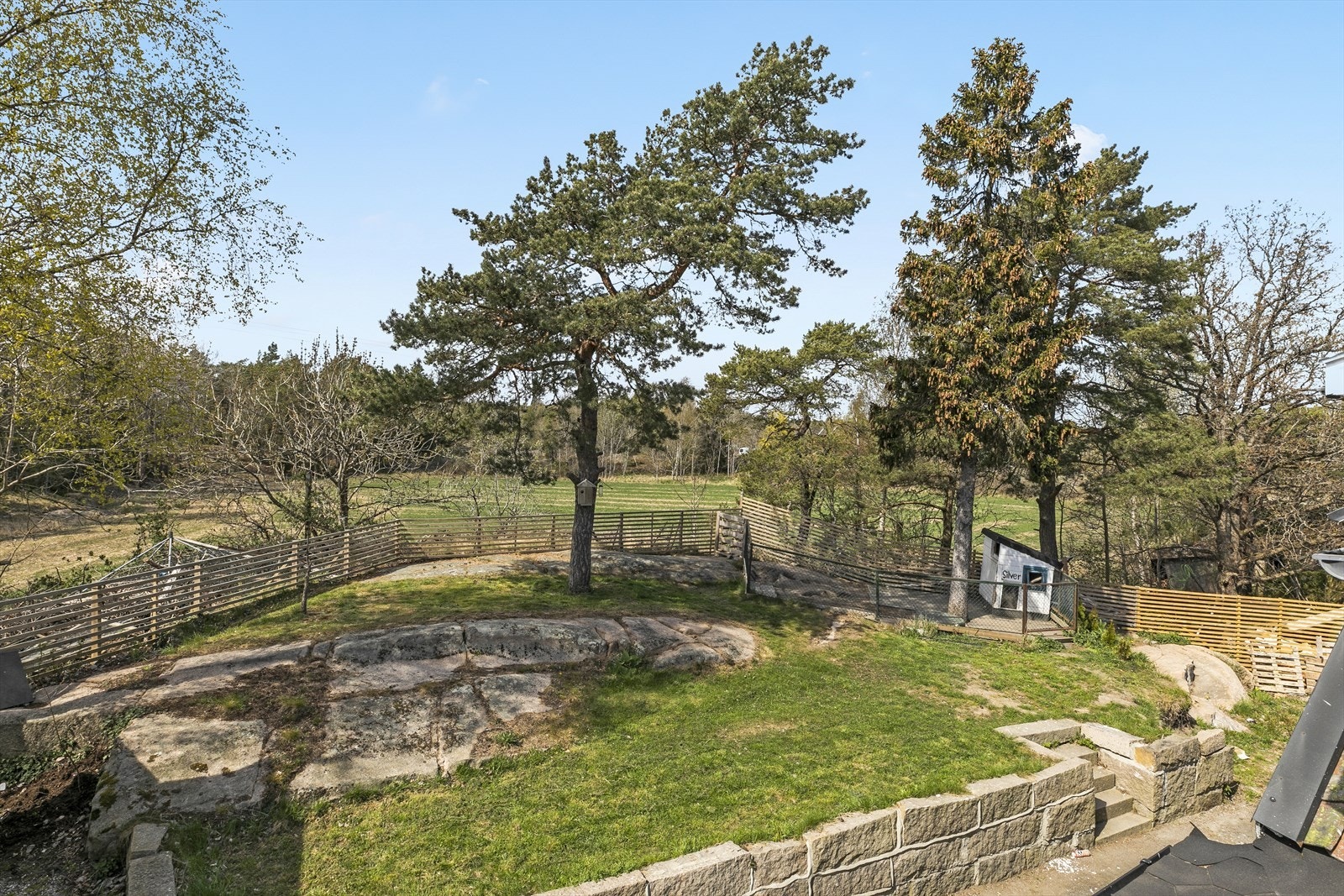 Noe skrånende og flatt terreng med plen og frukttrær. Galleribilde