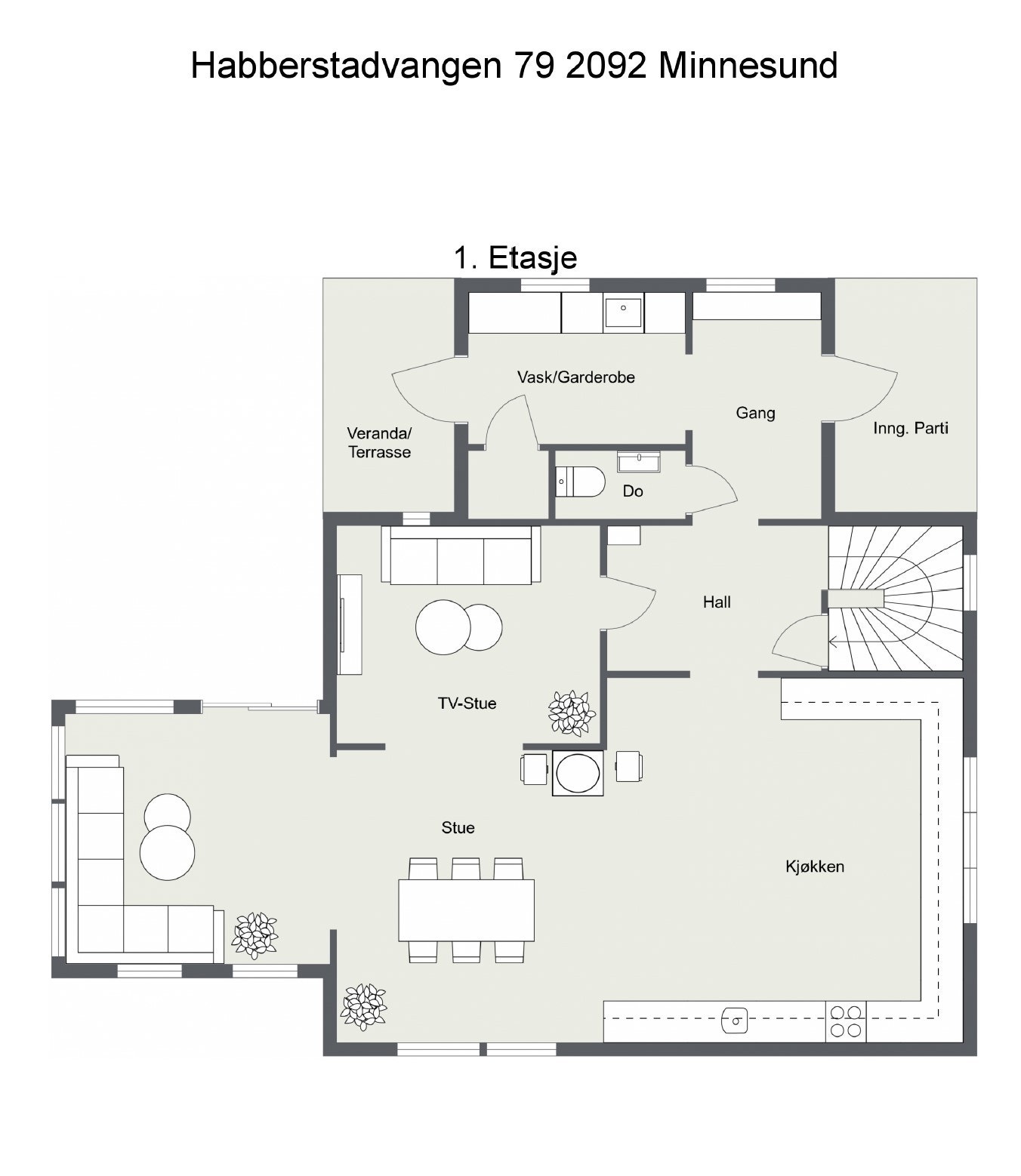 1. etasje - entré, garderobe/vaskerom, toalett, trappehall, kjøkken og stue. Galleribilde