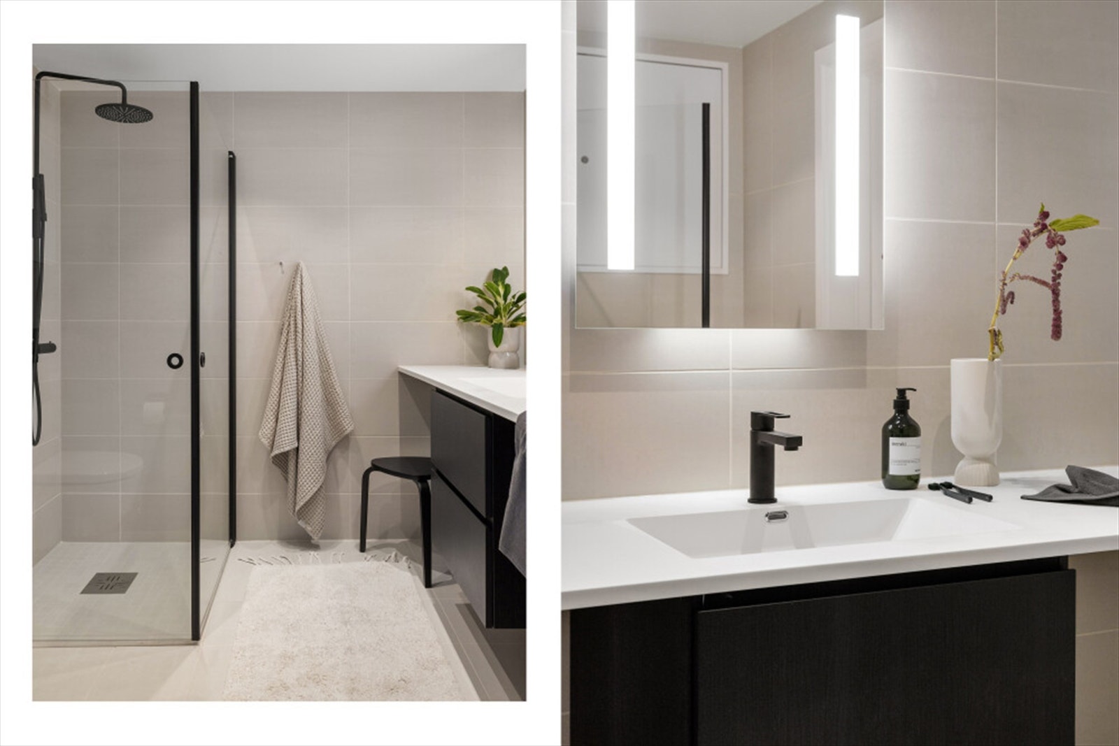 Bad med lekre fliser og moderne innredning med adkomst fra entré Galleribilde