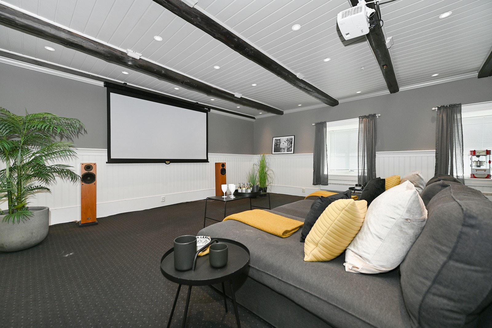 Kinorommet i sidebygningen fremstår som meget pent og velholdt. Kinorommet er innredet med prosjektor, lerret og høytalere. Galleribilde