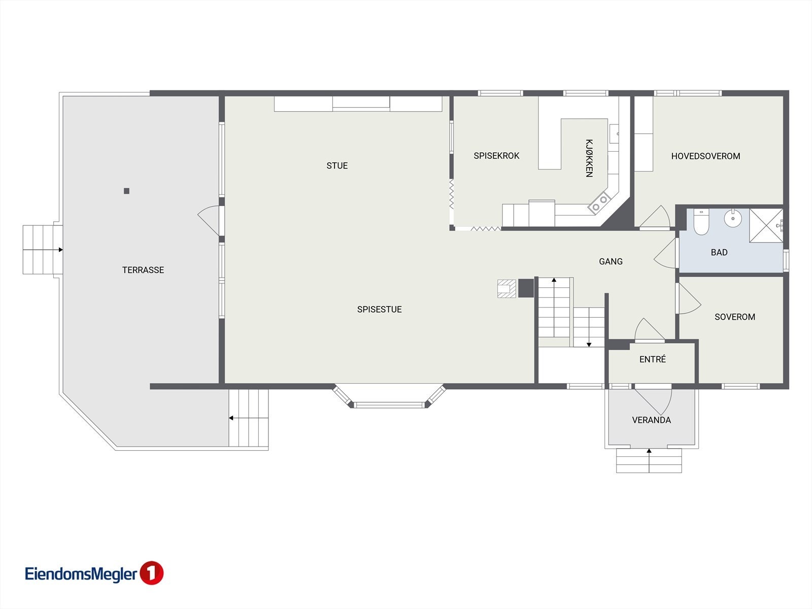 1. etasje - entré, gang, stue, kjøkken, 2 soverom og bad. Galleribilde