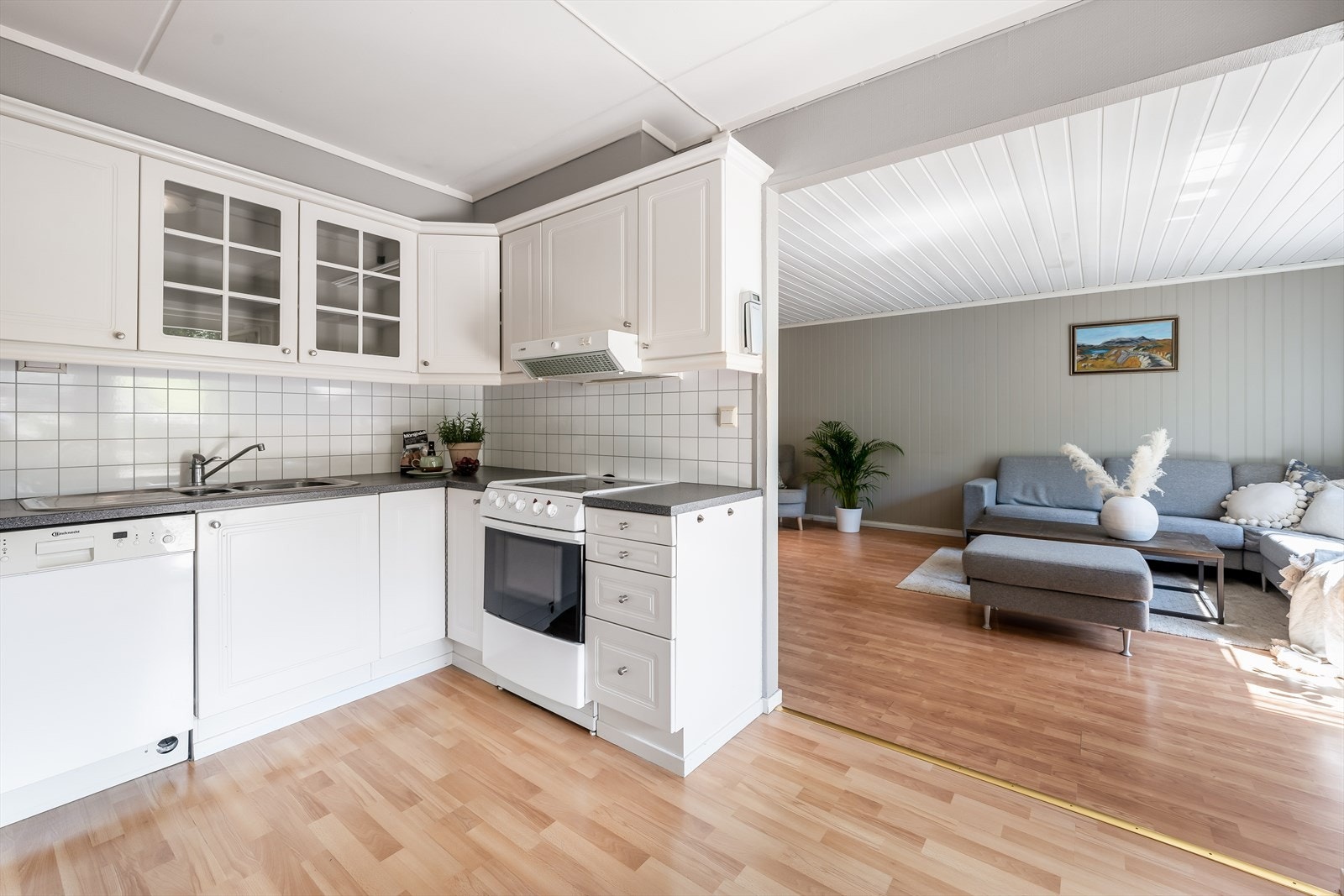 Kjøkkenet har fin, romslig kjøkkeninnredning med god plass til oppbevaring og opplegg for oppvaskmaskin. Det er ellers avsatt plass til frittstående hvitevarer. Galleribilde