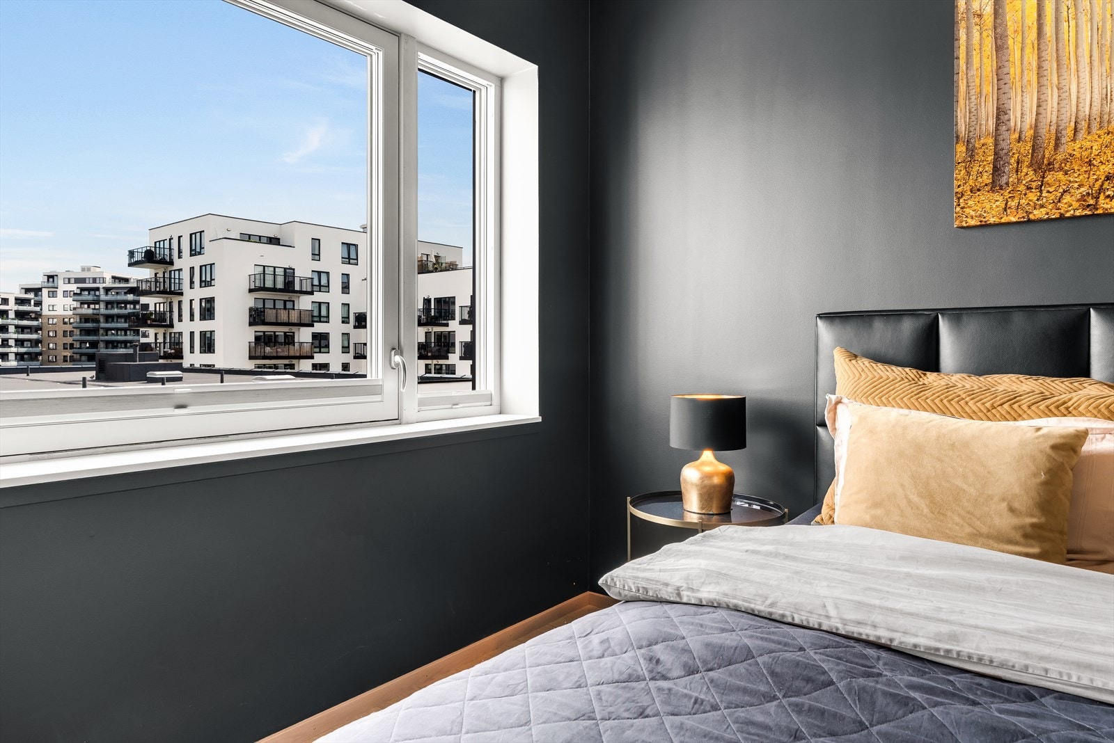 Ingen gjenboere. Rommet er malt i en mørk og rolig fargetone. Galleribilde