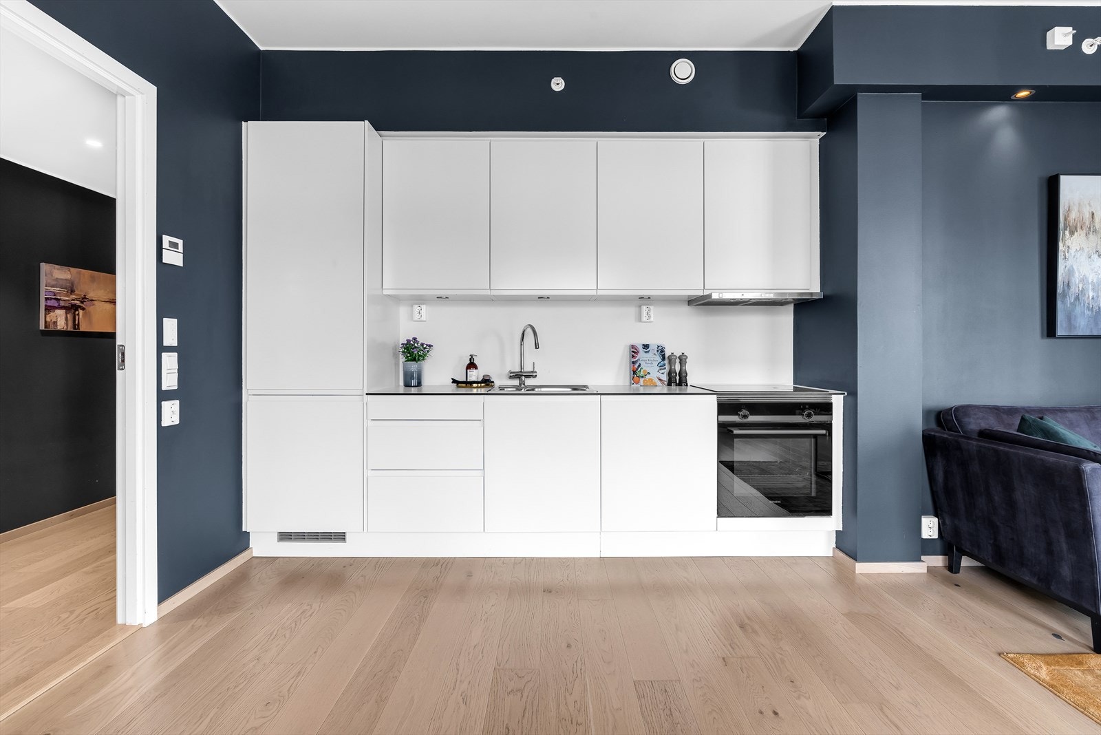 Integrert kombi kjøle- og fryseskap, oppvaskmaskin, induksjonstopp og stekeovn. Galleribilde