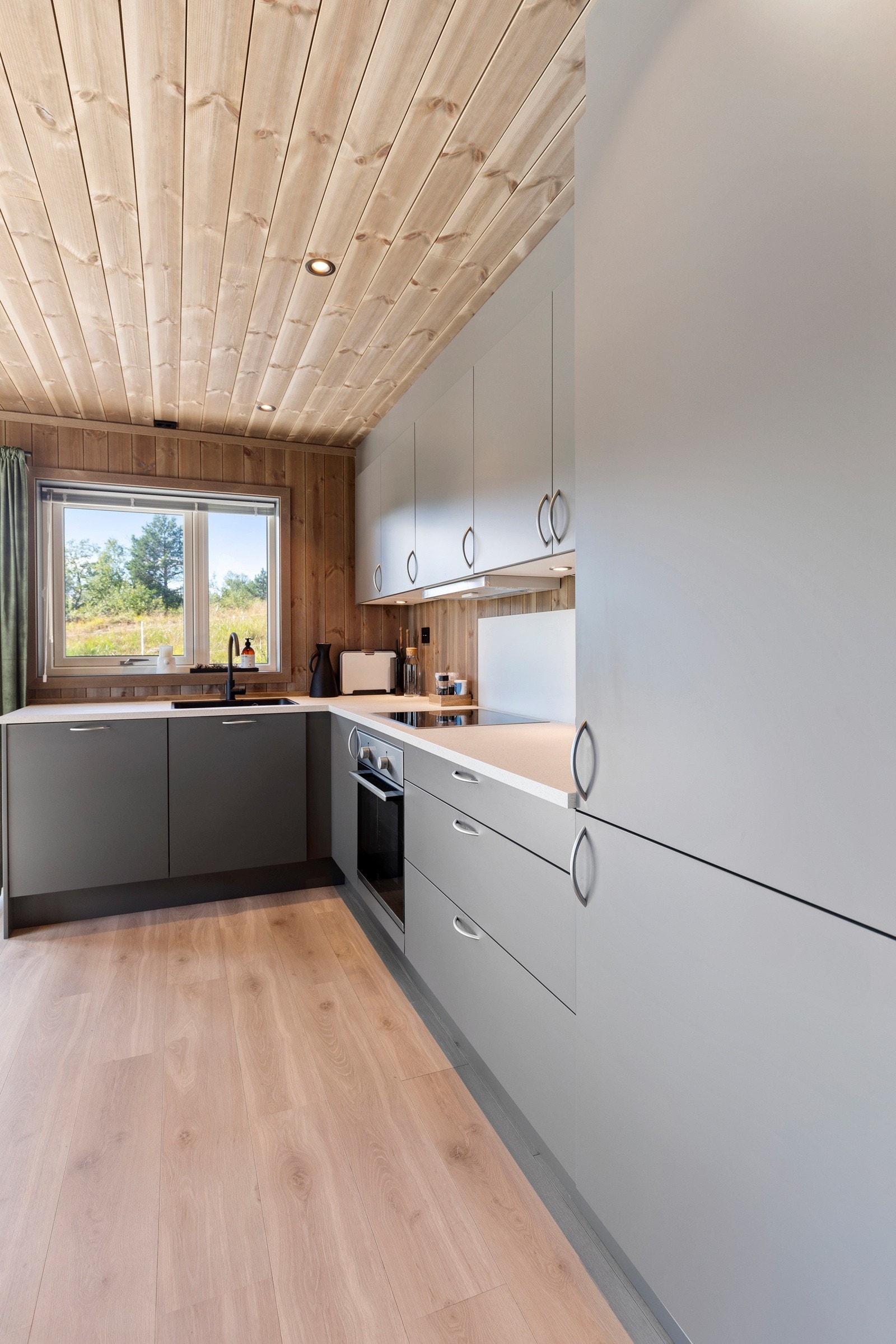 Kjøkkenet inneholder laminat benkeplate, ventilator og integrerte hvitevarer; kjøleskap, oppvaskmaskin, stekeovn og platetopp. Galleribilde