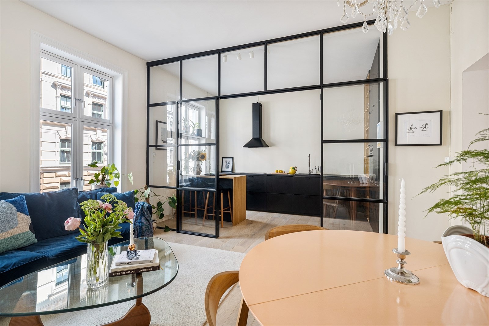 Lekker smijernsdør som enkelt kan åpnes- og lukkes for soneinndeling mellom stue- og kjøkken Galleribilde