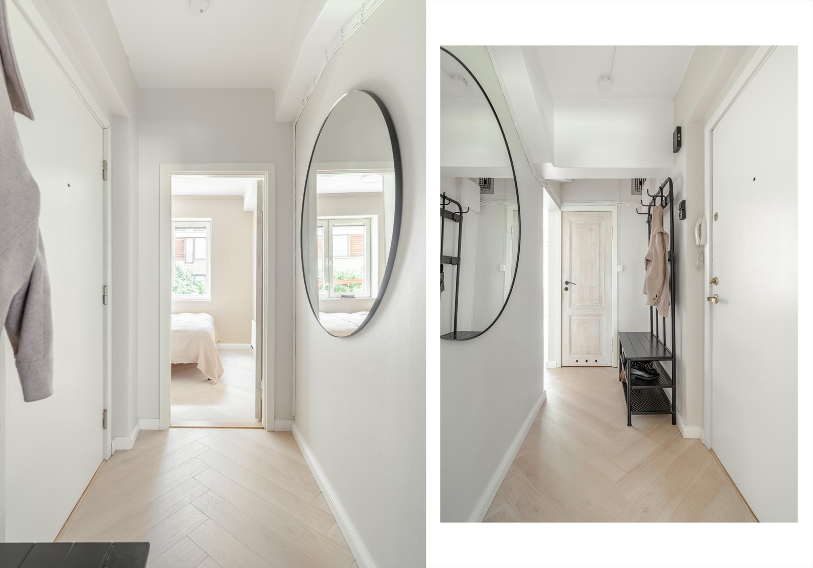 Leiligheten har en innbydende og koselig entré. Veggene er lysmalte, og fiskebensgulvet glir elegant og terskelfritt inn i stuen. Det er plass til oppheng av yttertøy og lagring av sko. Ellers disponerer boligen tre romslige boder. Galleribilde