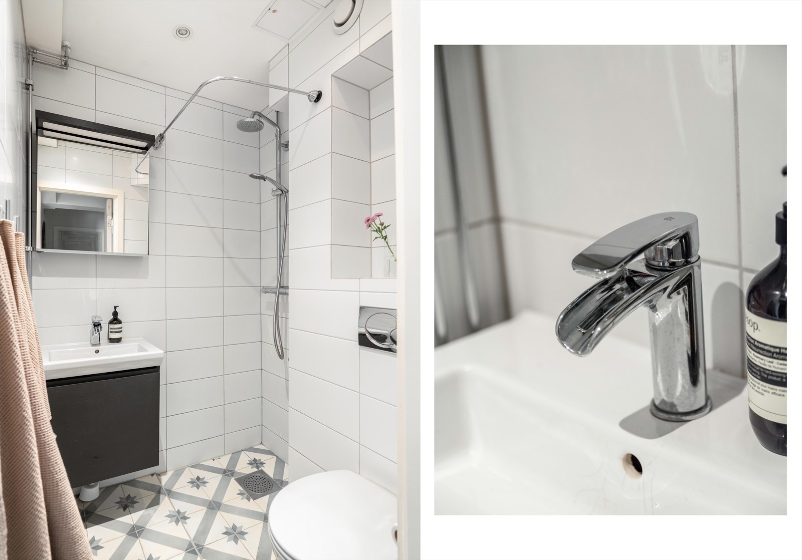 Badet er både pent og praktisk, sist pusset opp i 2011. Badet er innredet med dusjhjørne, vegghengt toalett, speilskap og servant med innredning. Galleribilde