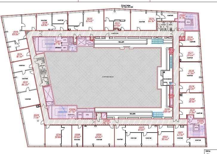 Planløsning for 5.etg. Kontor 501, 510 og 518 er ledig. Galleribilde