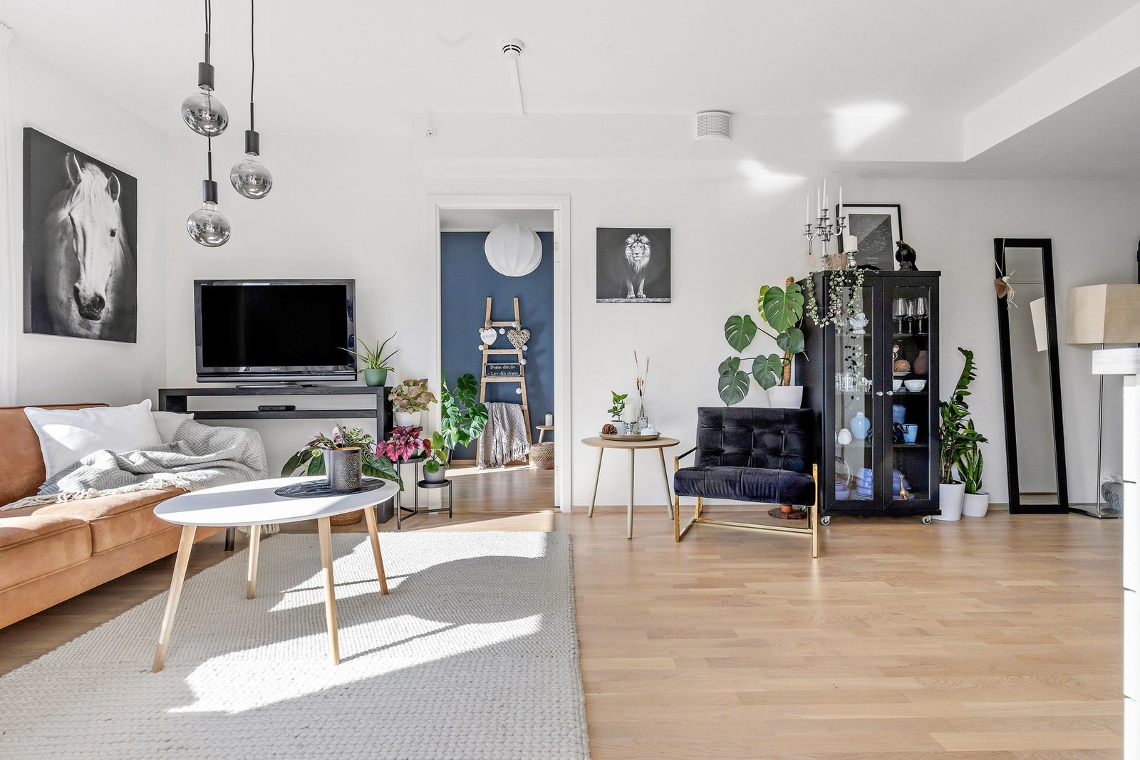 Romslig stueareal med plass til sofagruppe og eventuelt en spisebord ved kjøkkenet. Galleribilde