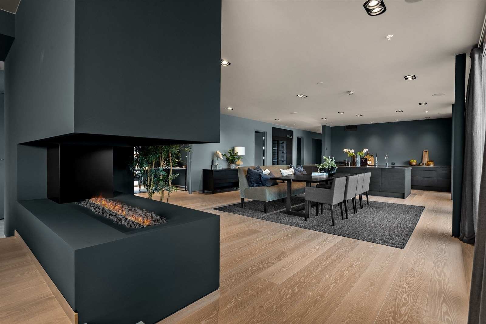.. Påkostet gasspeis som deler stuen og spisestuen på en naturlig og god måte. Galleribilde
