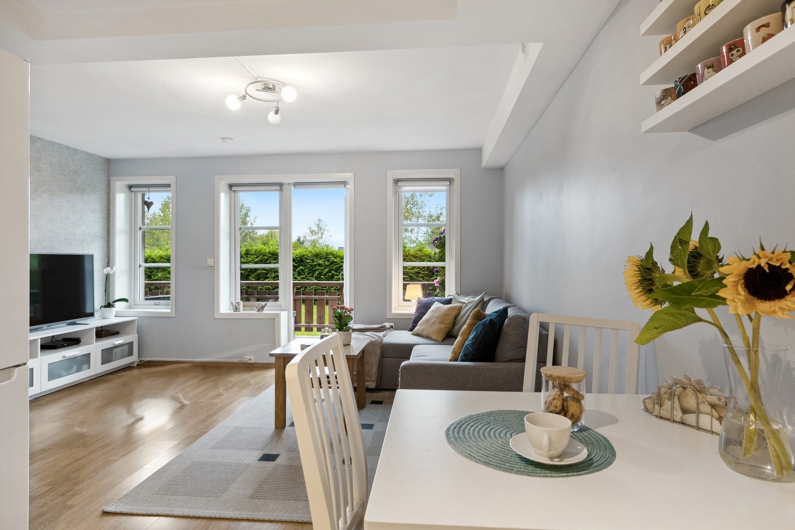 Det er plass til spisebord og sofagruppe. Galleribilde