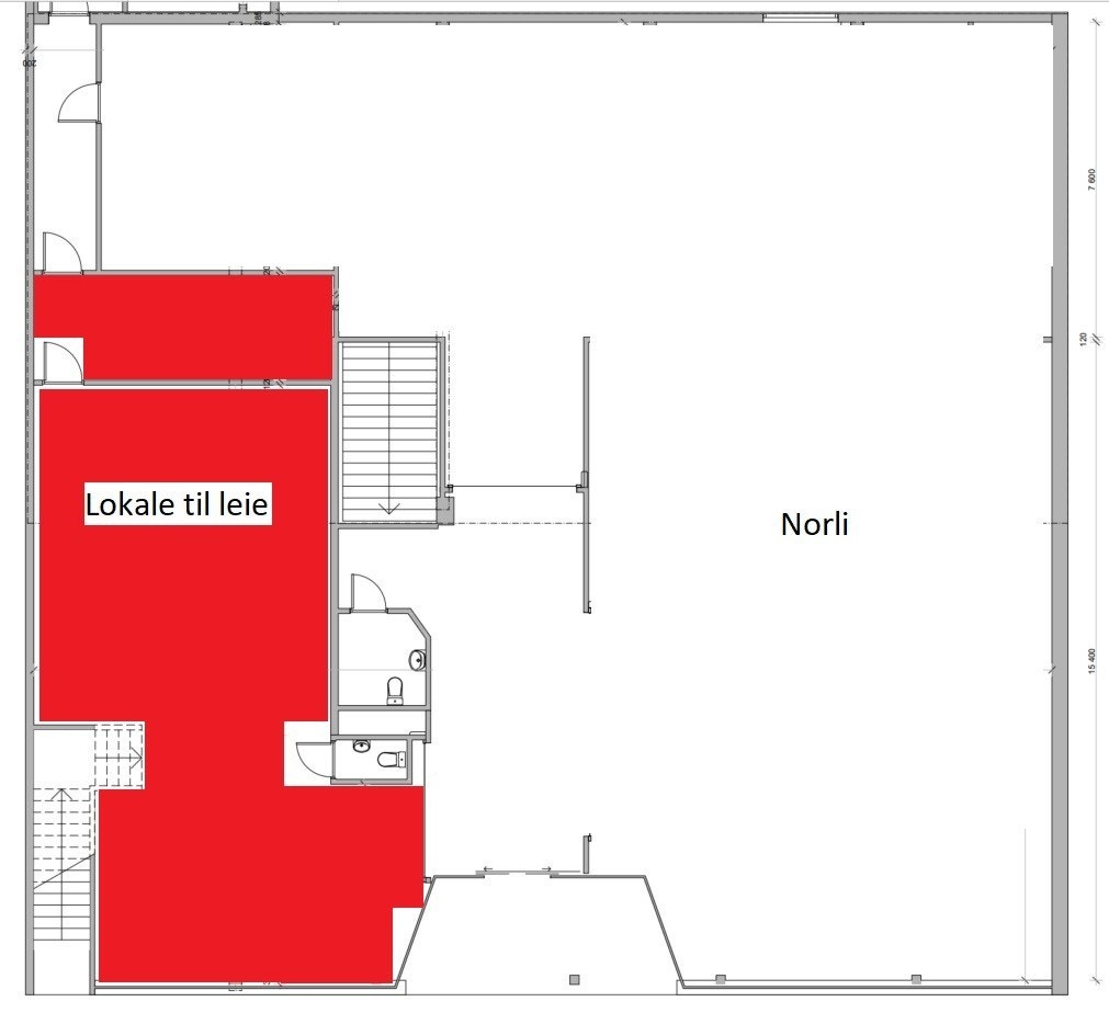 Enkel gulvplan. Eksklusivt areal markert med rødt. Inngang fra Langgaten nederst på bildet Galleribilde