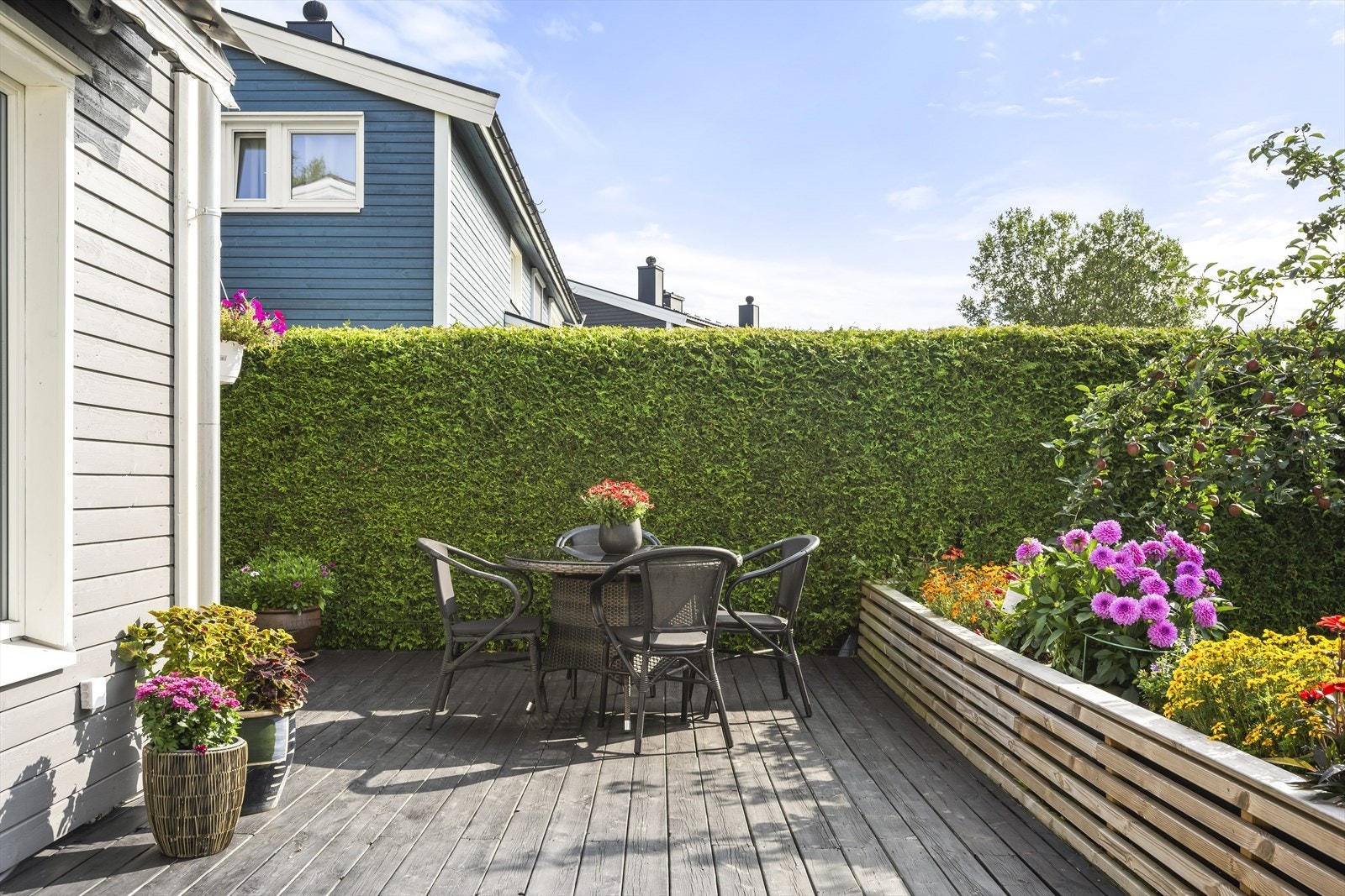 Solrik terrasse på ca. 65 m² som strekker seg fra inngangspartiet og rundt huset på baksiden Galleribilde