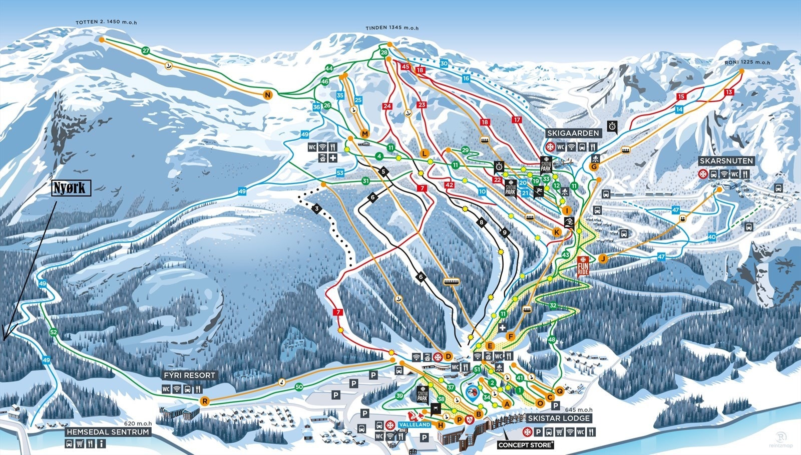 Løype 49 (Sentrumsløypa) i Hemsedal Skisenter passerer rett ovenfor Nyørk og gir deg enkelt ski ut mulighet tilbake til hytta etter endt skidag. Galleribilde