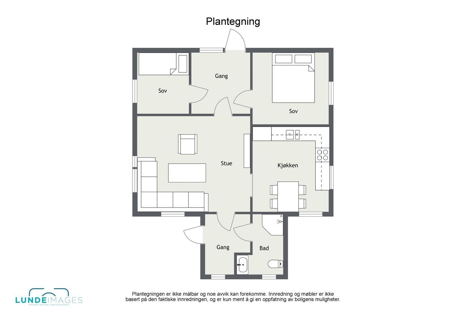 Plantegning - ikke målbar - boligens hovedplan er på ca. 60 kvm BRA/P-rom. Galleribilde