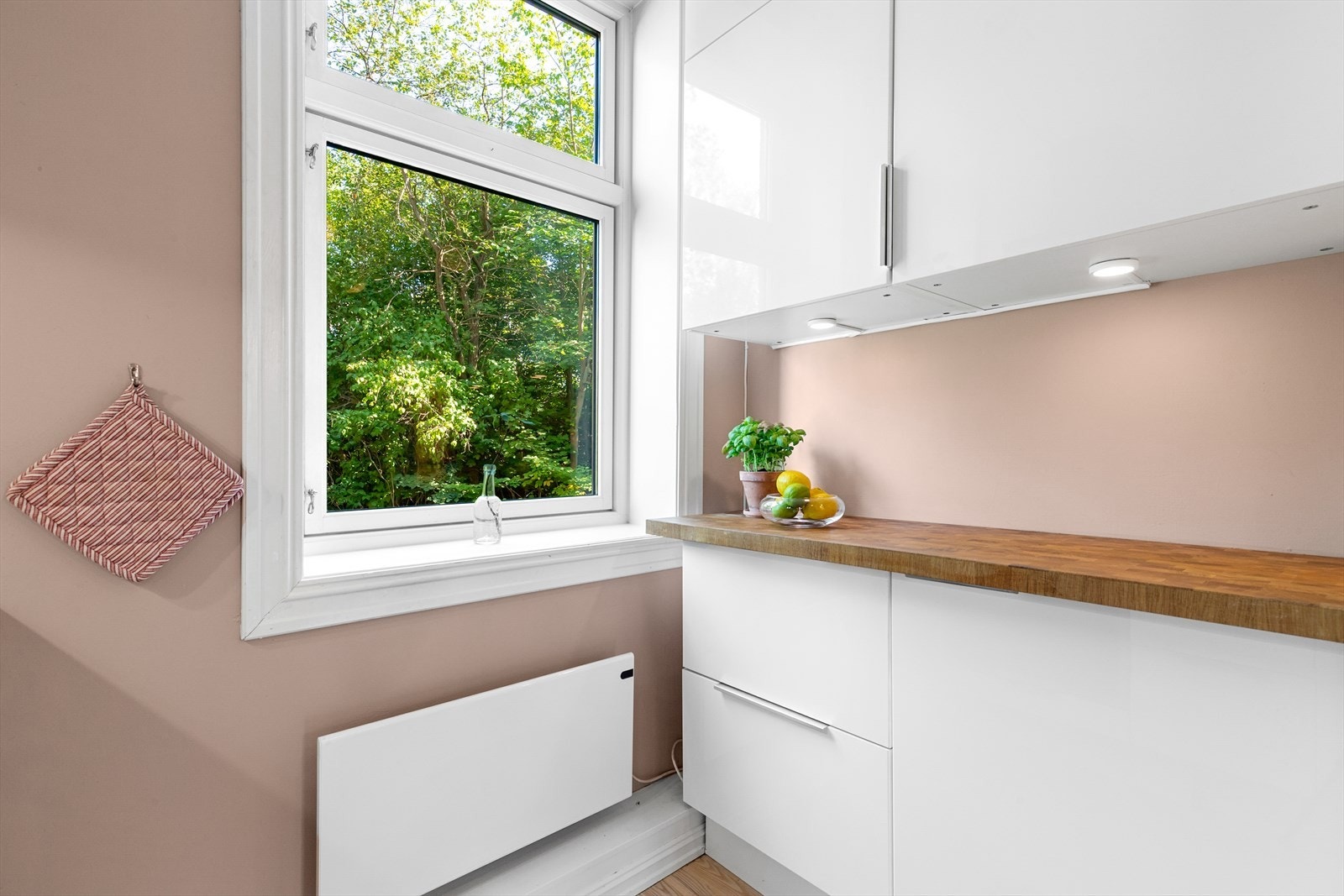 Kjøkkenet har rikelig med skap- og benkeplass, og trivelig utsyn over bakgården. Galleribilde