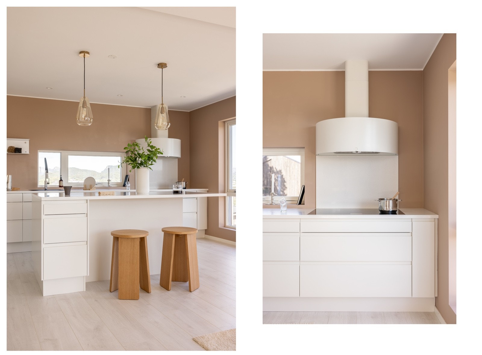 Kjøkkenet er levert av Norema og har slette, hvite fronter og benkeplate av stein/kompositt. Ventilator fra anerkjente Røroshetta. Galleribilde