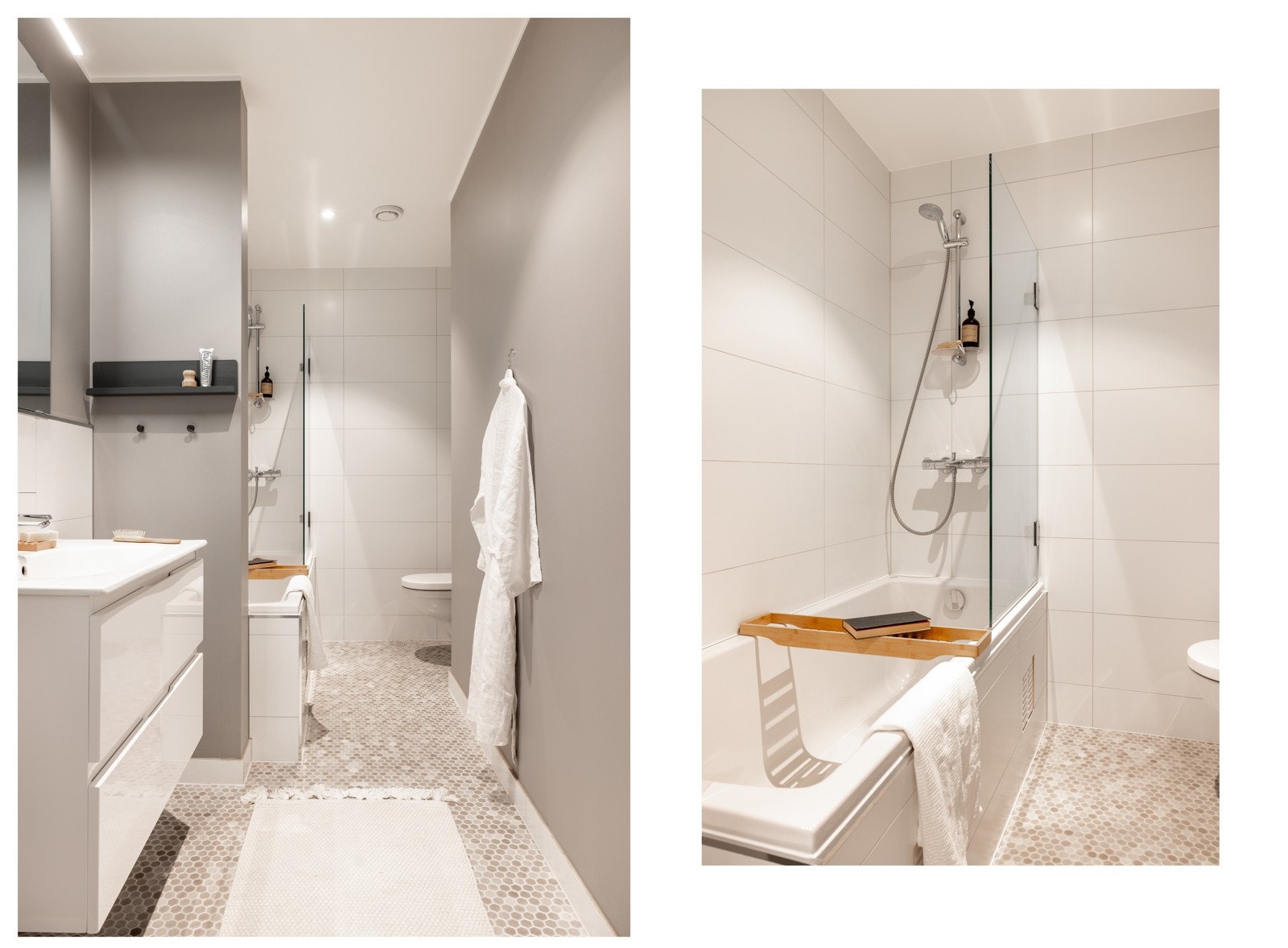 Rommet er innredet med vegghengt toalett, innfliset badekar med dusj/glassvegger og servant med innredning, speil og belysning. Galleribilde