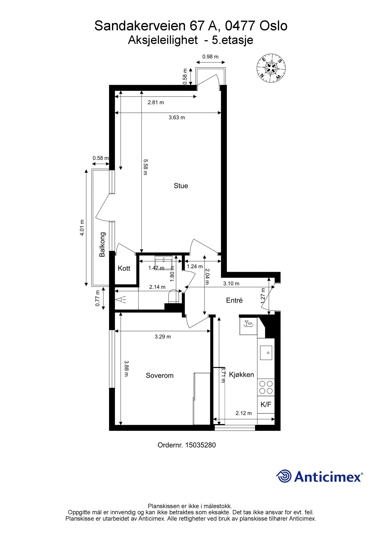 Planskisse. Leiligheten disponerer en bod i kjeller på ca. 2,5m² og en bod på loft på ca. 11m². Galleribilde