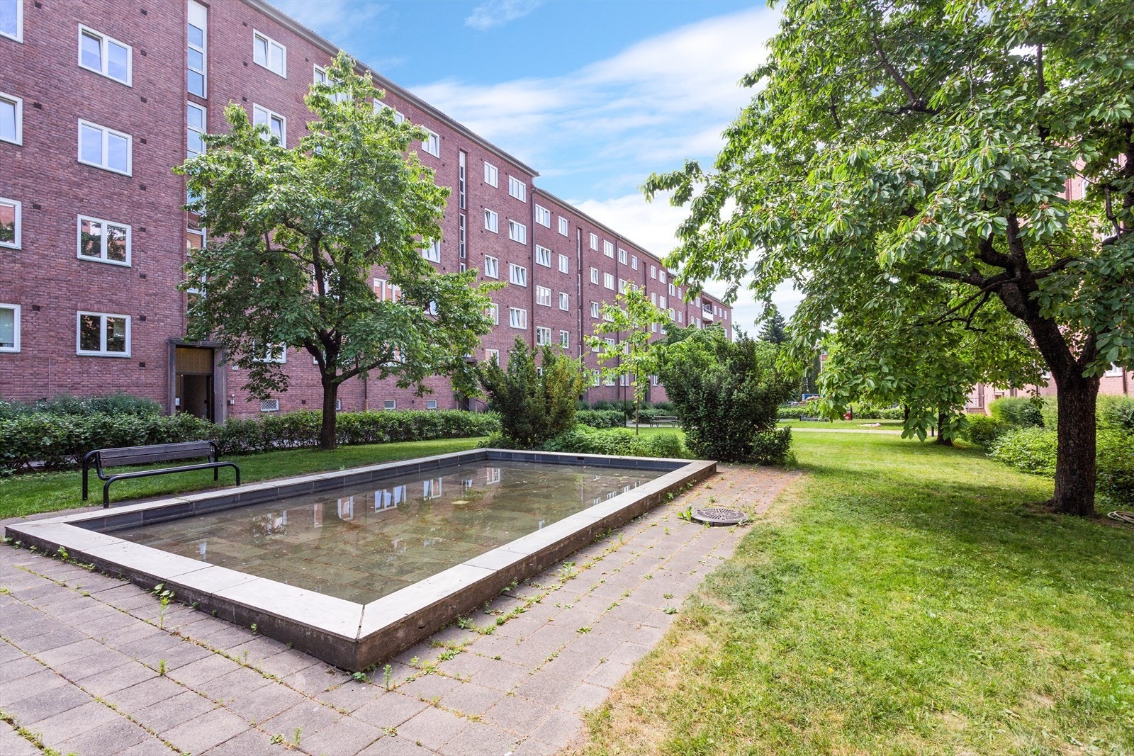 - Flotte og skjermede parkmessige fellesområder i byggets bakgård. Pent opparbeidet gressplen med beplantning - Galleribilde