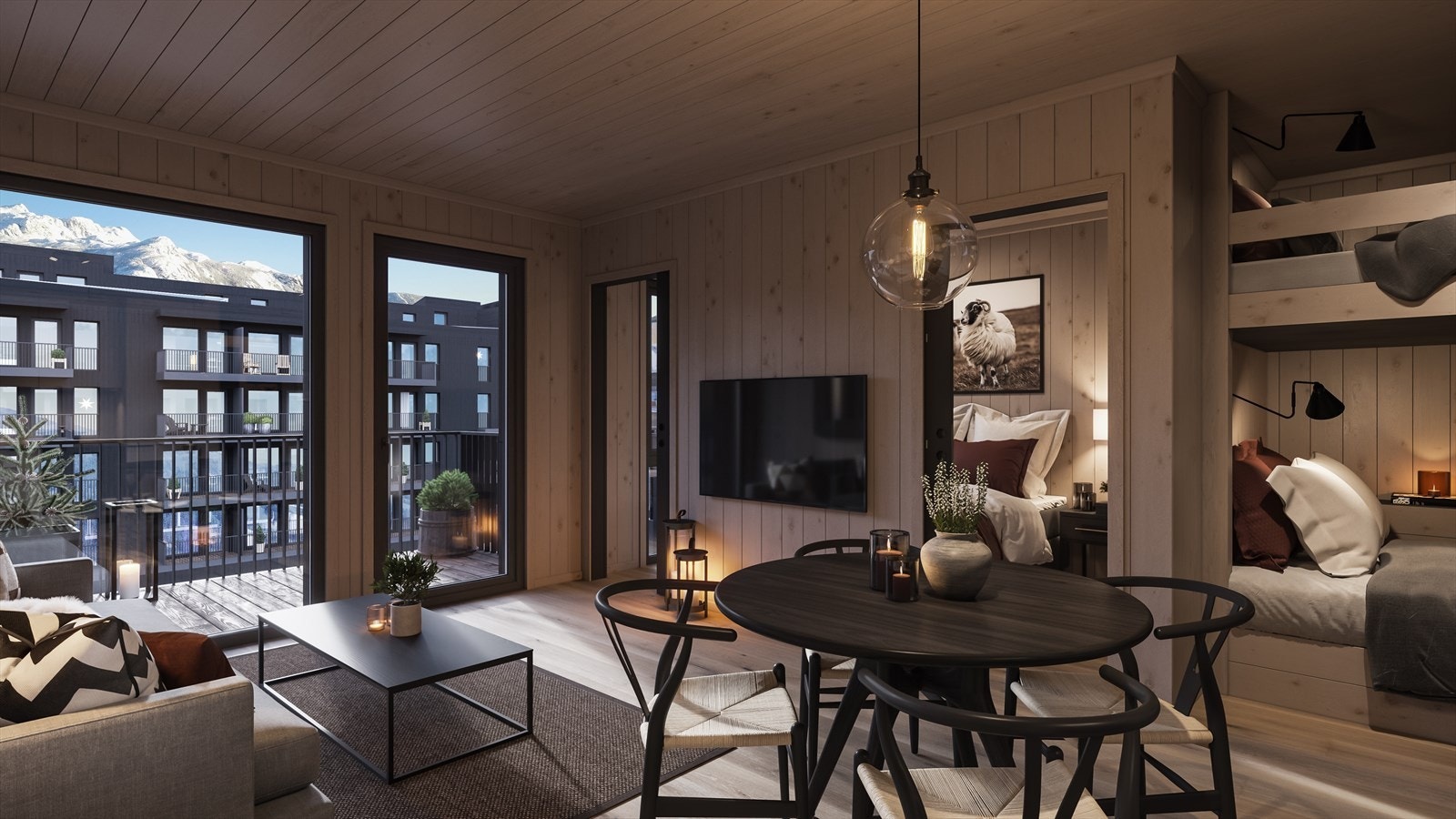 Generell illustrasjon av leilighet med soverom og sovealkove. Galleribilde