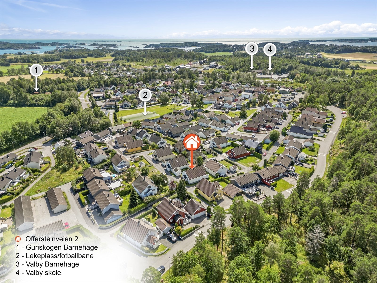 Dronefoto med avmerking av barnehage/skole Galleribilde
